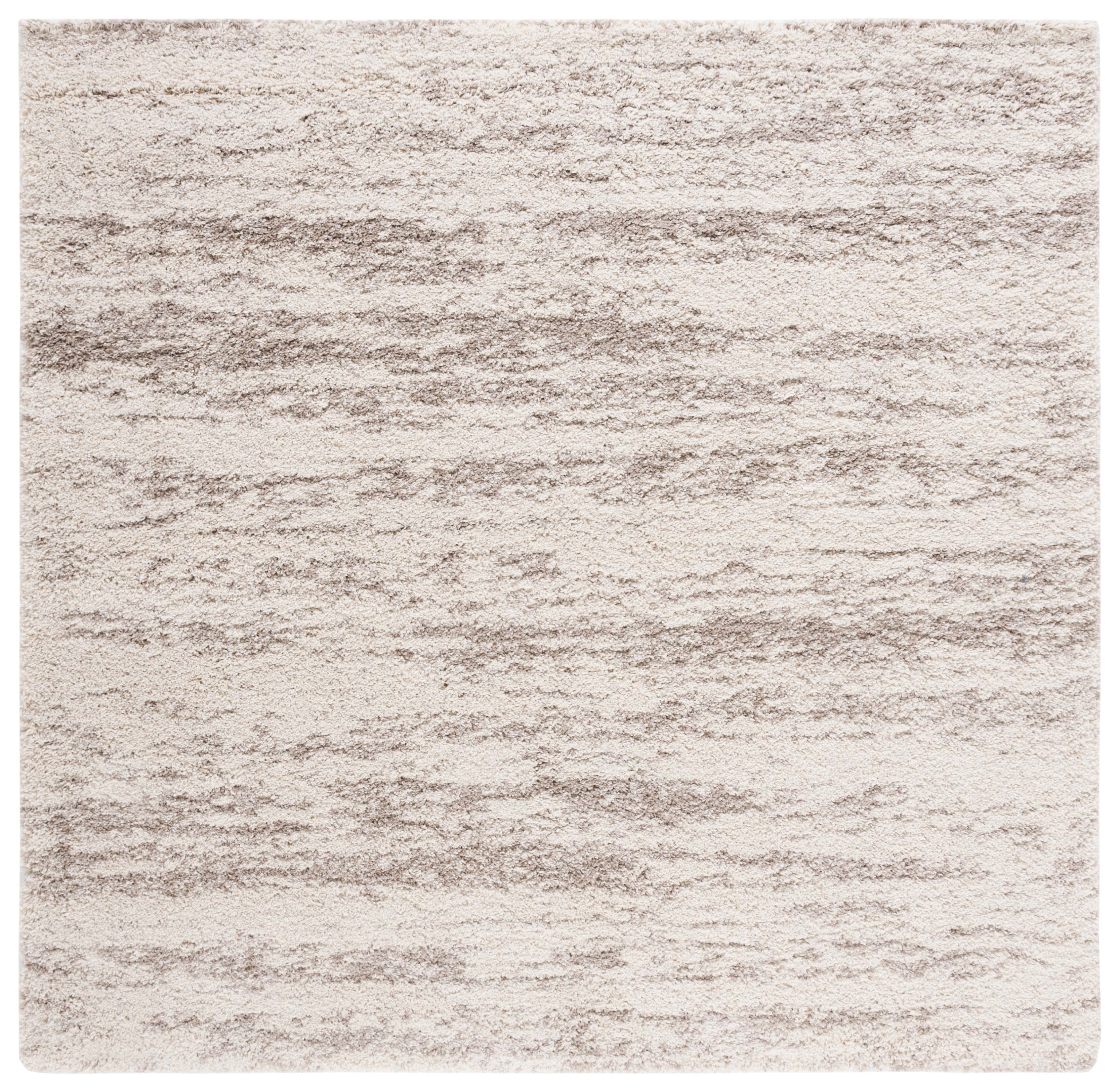 Ivory and Beige Abstract Shag Synthetic Square Area Rug, 3' x 3'