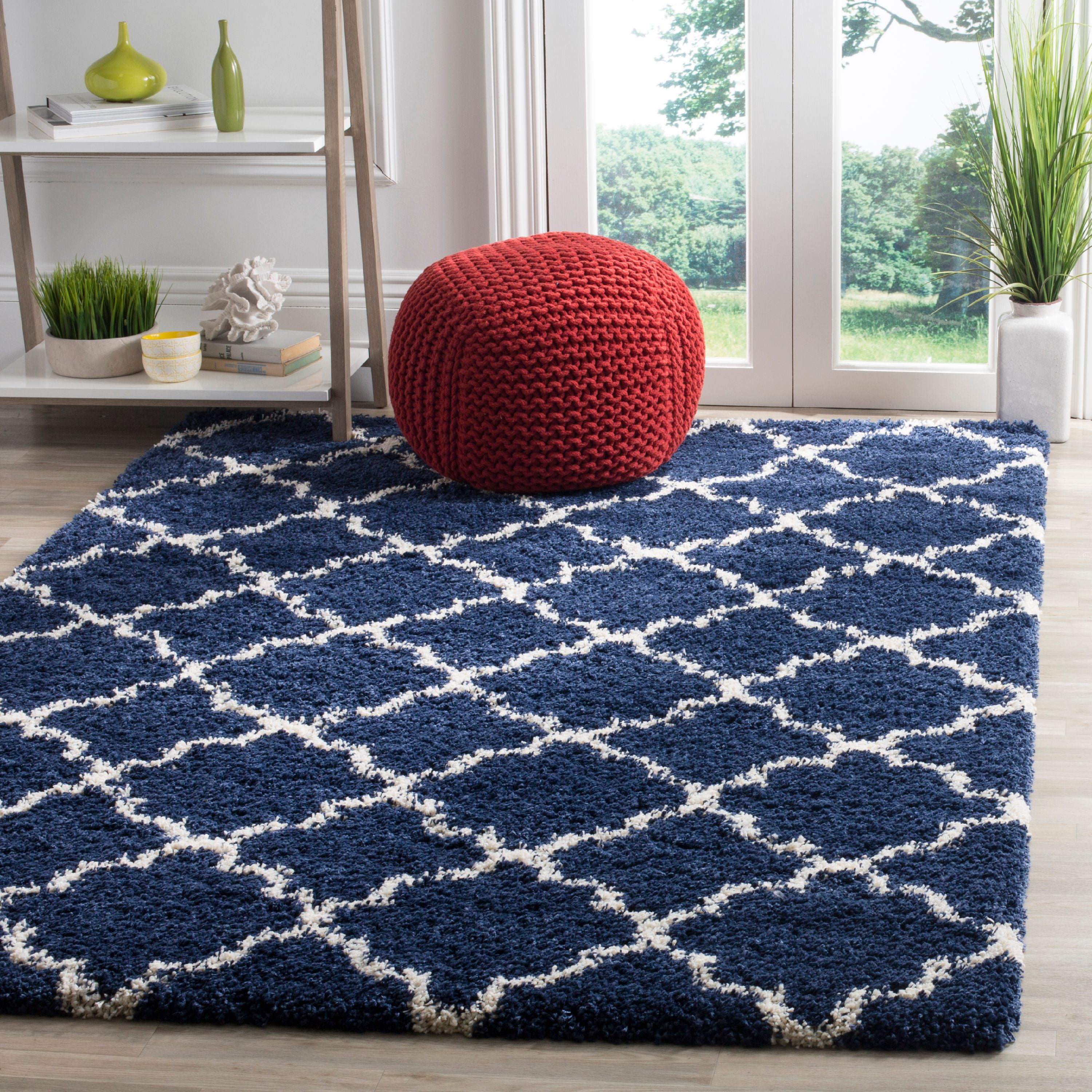 Navy and Ivory Geometric Shag Area Rug 4' x 6'