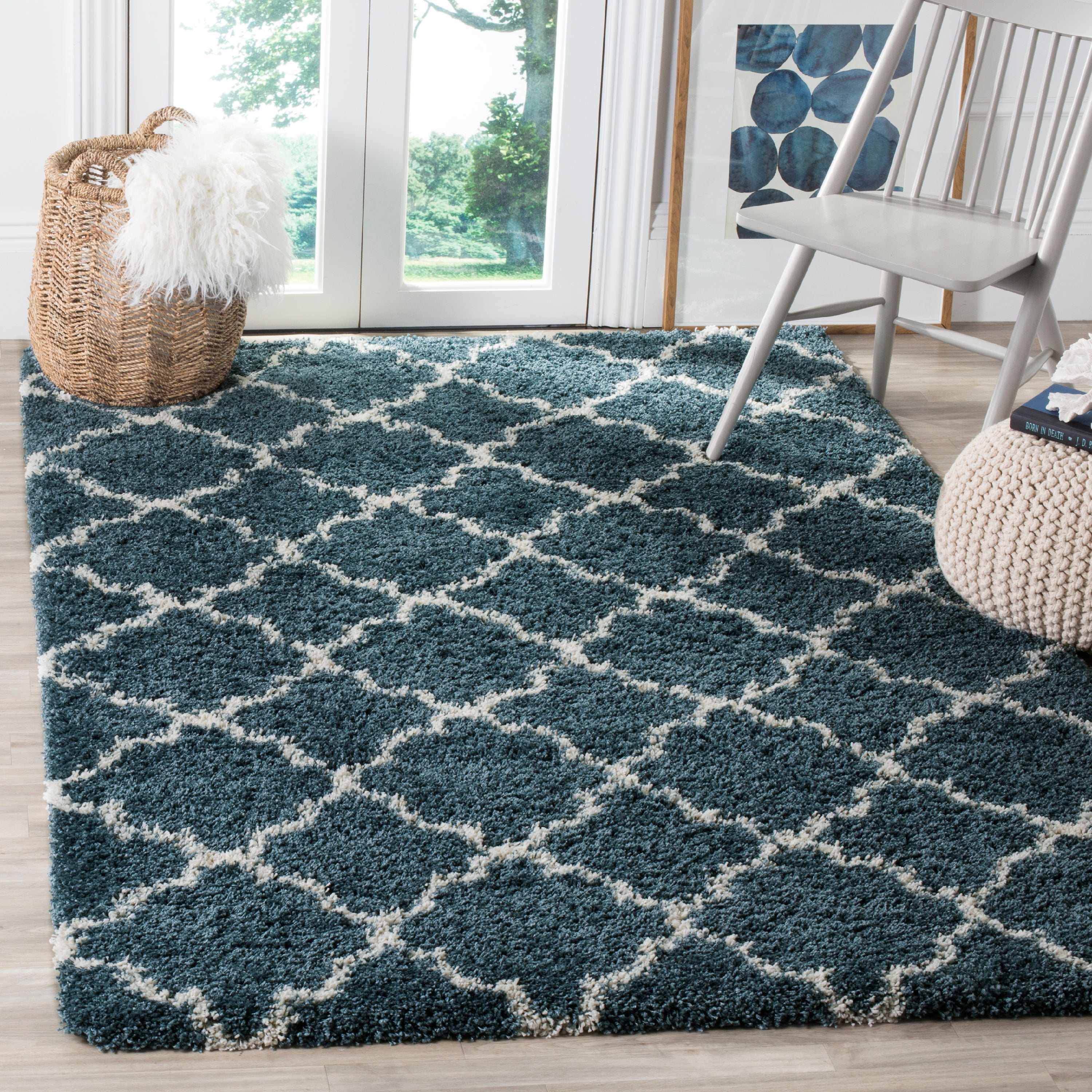 Slate Blue and Ivory Round Shag Synthetic Area Rug