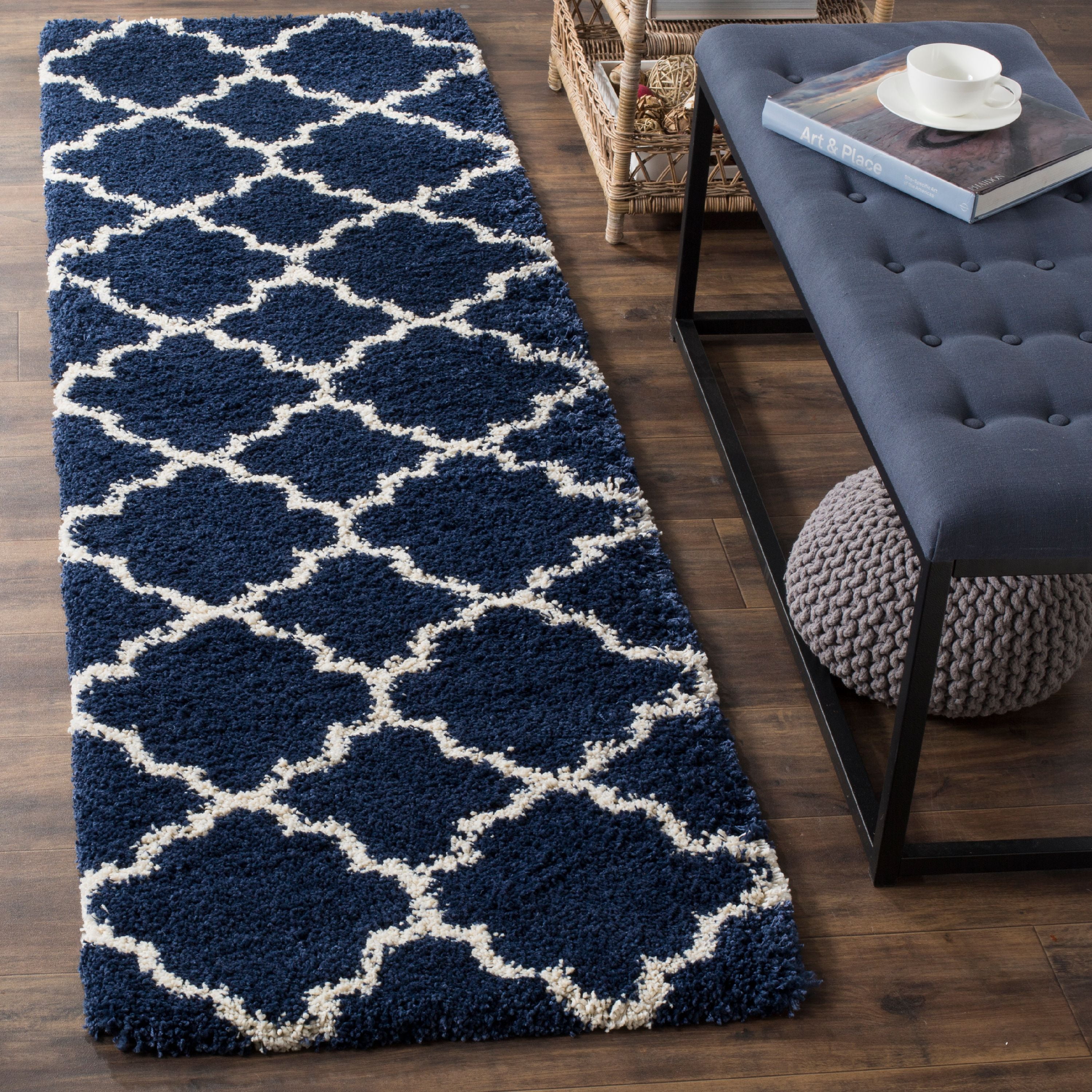 SAFAVIEH Hudson Jaye Geometric Shag Runner Rug, Navy/Ivory, 2'3" x 12'