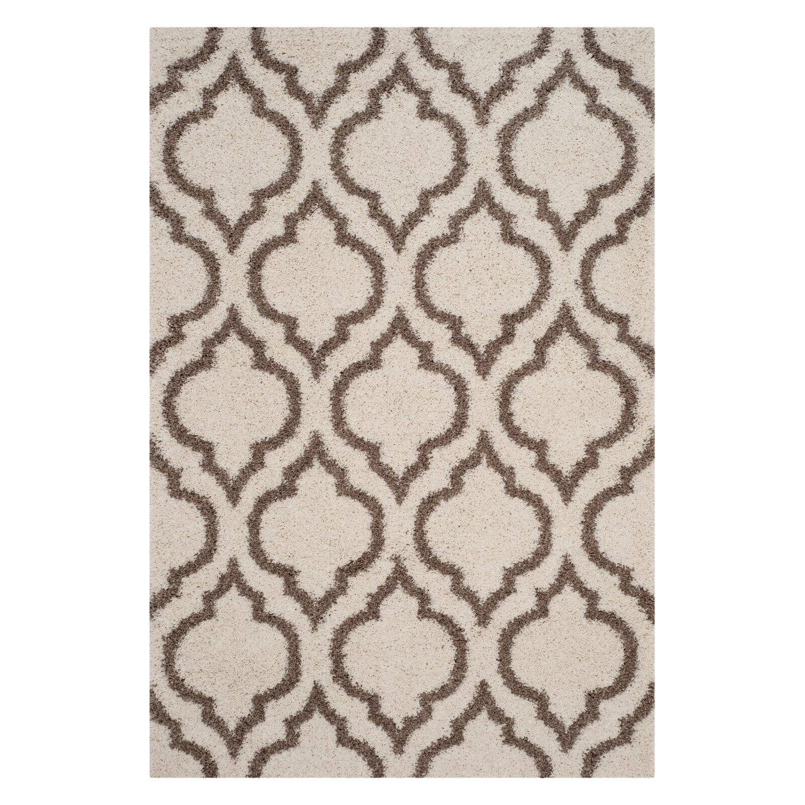 Ivory and Beige Round Geometric Shag Area Rug
