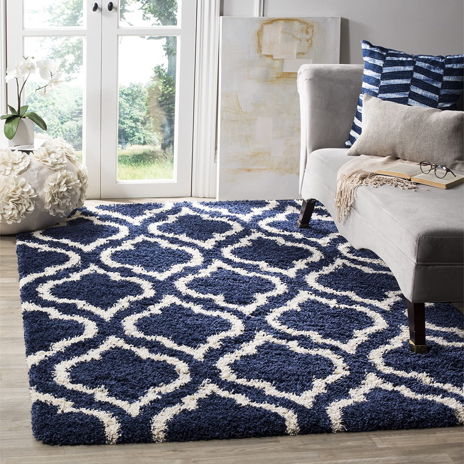 Navy and Ivory High Pile Shag Area Rug