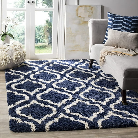 SAFAVIEH Hudson Louise Geometric Shag Area Rug, Navy/Ivory, 5'1" x 7'6"