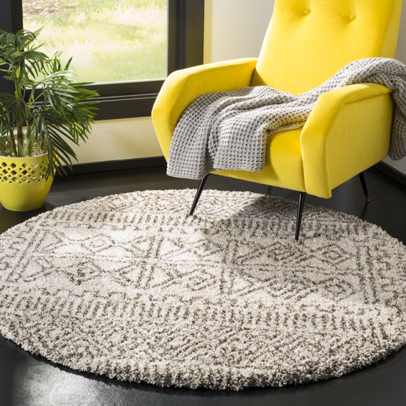 SAFAVIEH Hudson Raphael Geometric Shag Area Rug, Ivory/Grey, 5' x 5' Round