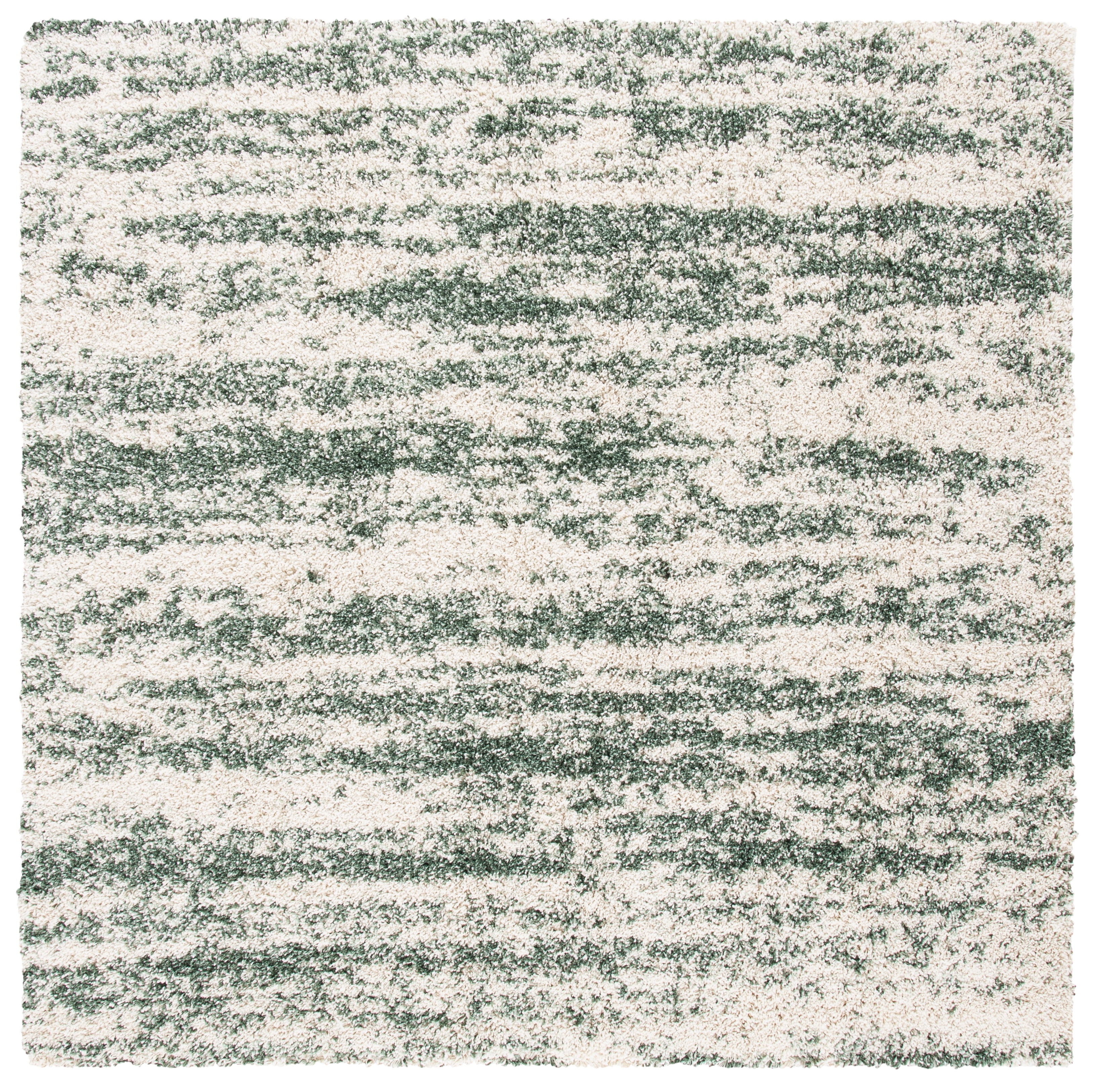 Ivory and Green Square Shag Synthetic Area Rug