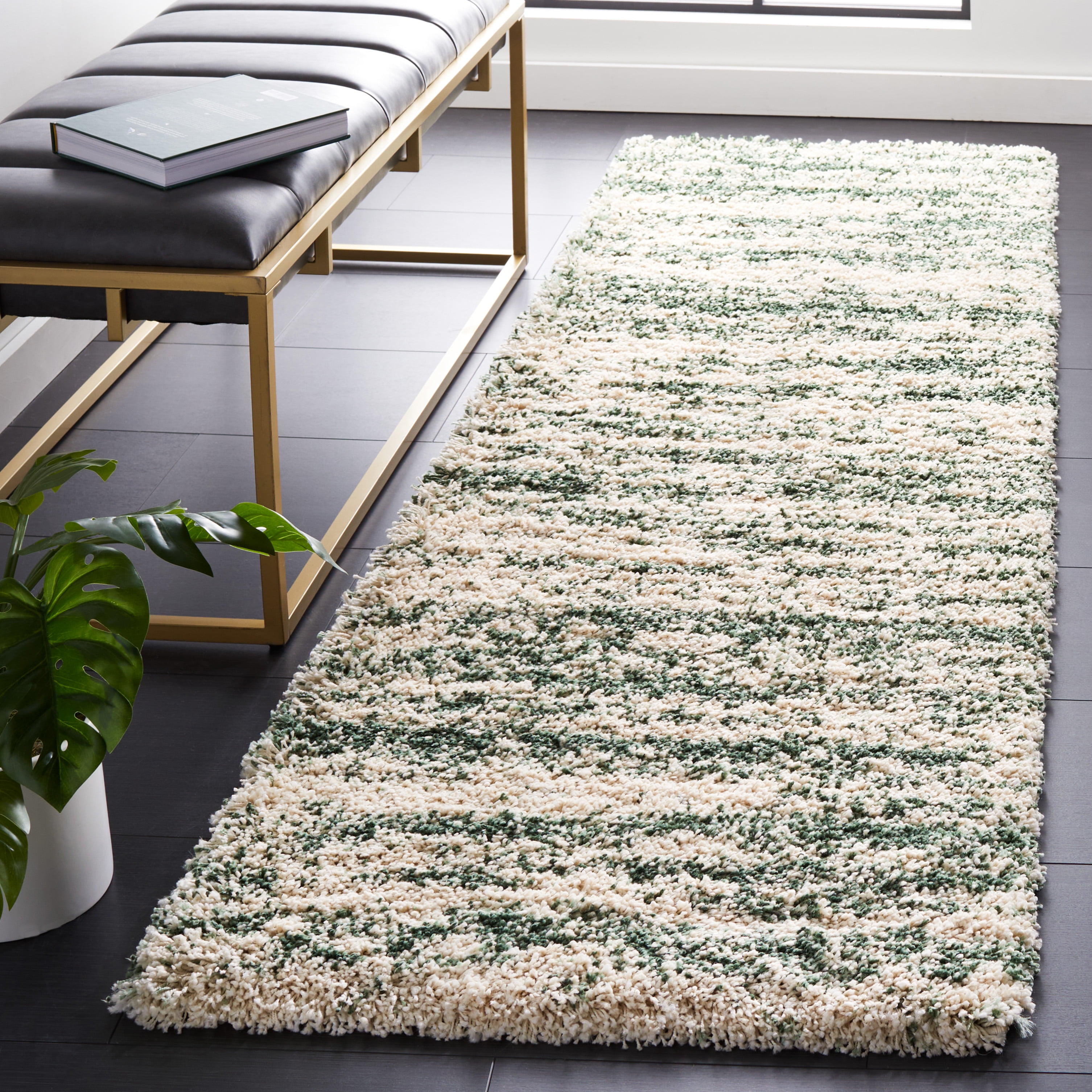 SAFAVIEH Hudson Jack Abstract Shag Runner Rug, Ivory/Green, 2'3" x 12'