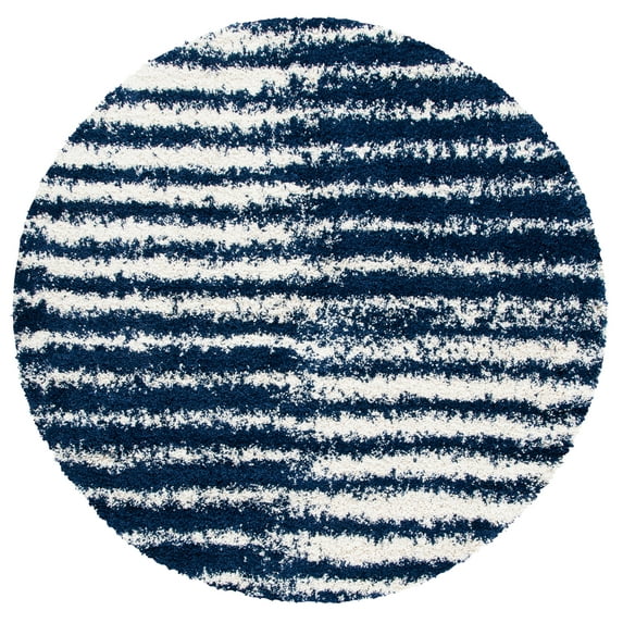 SAFAVIEH Hudson Shag Jagoda Striped Area Rug, Navy/Ivory, 7' x 7' Round