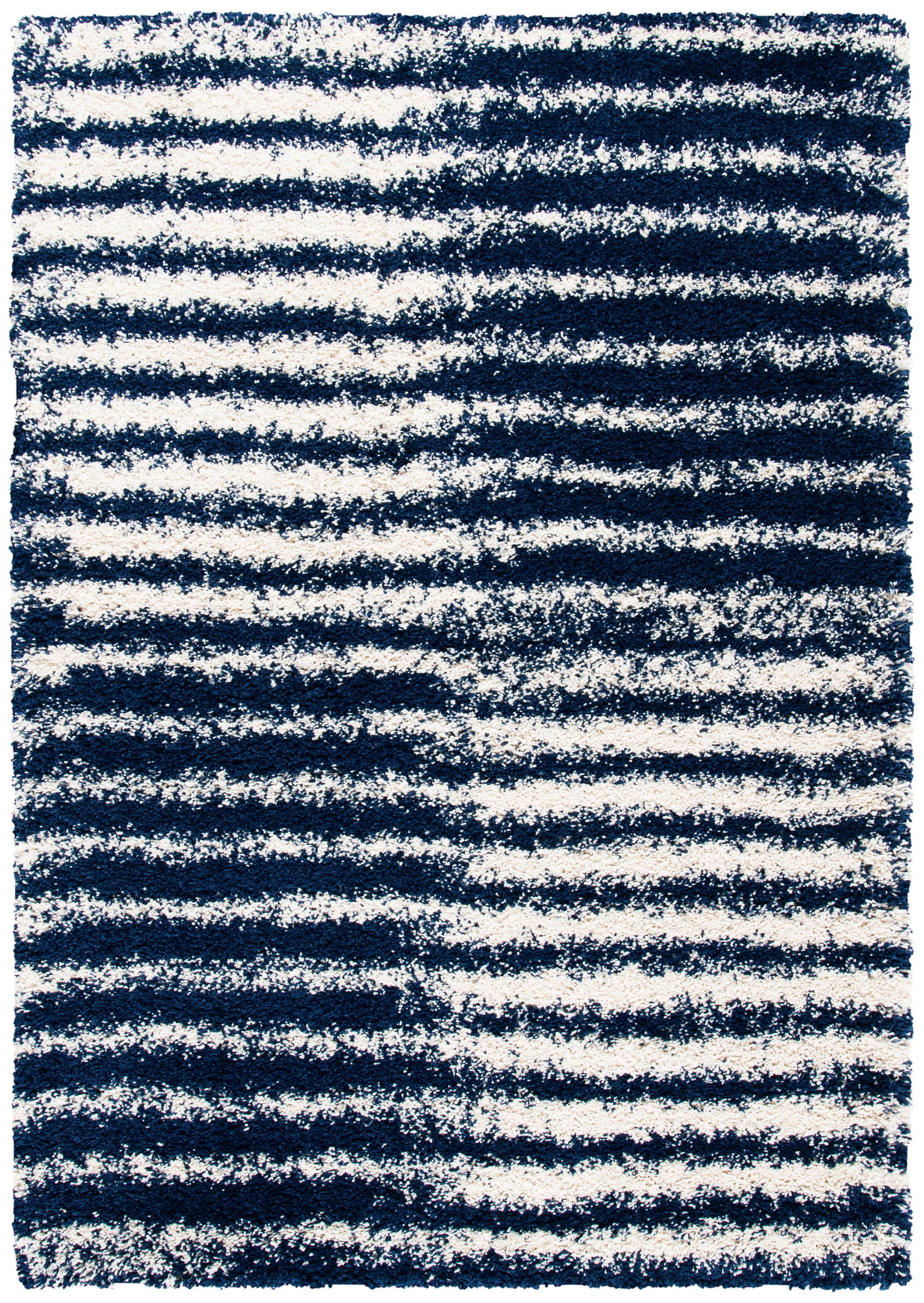 Navy and Ivory Striped Round Shag Area Rug, 8' x 10'