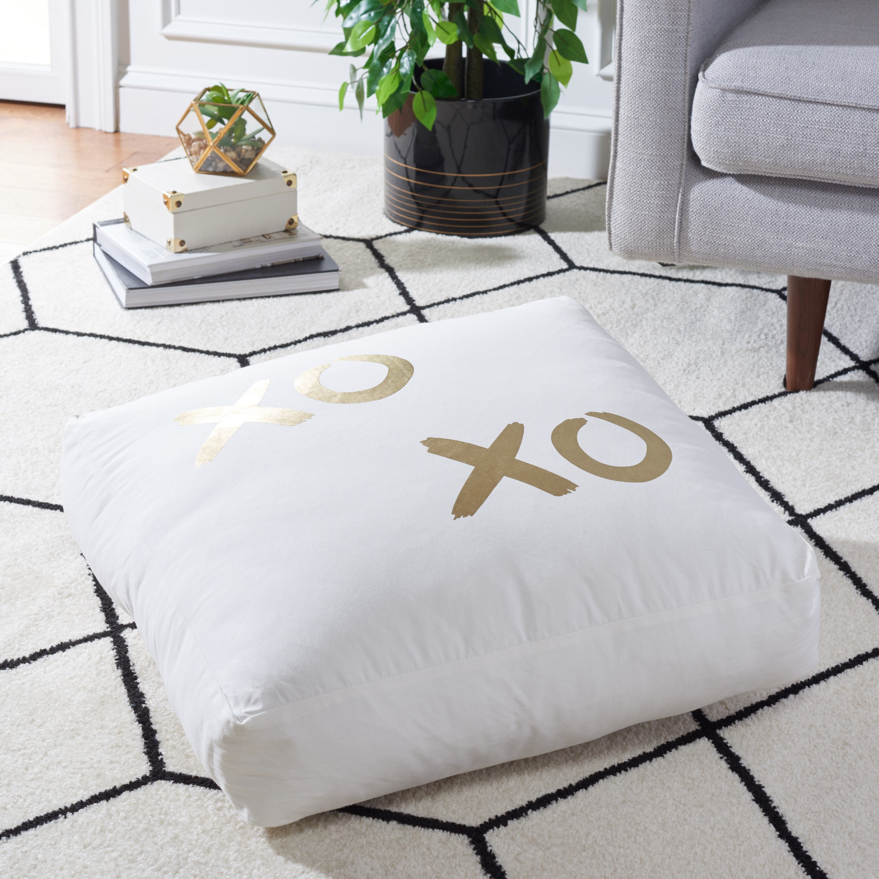 White and Gold Graphic Square Floor Pillow