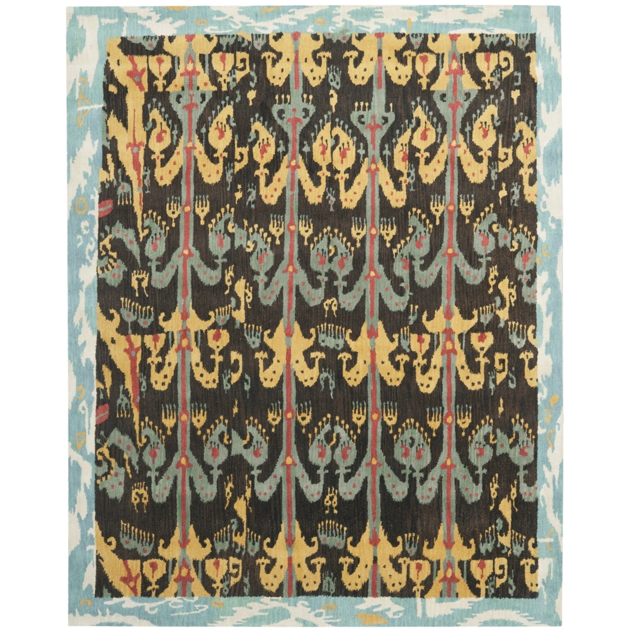 Handmade Blue and Charcoal Wool 9' x 12' Ikat Rug