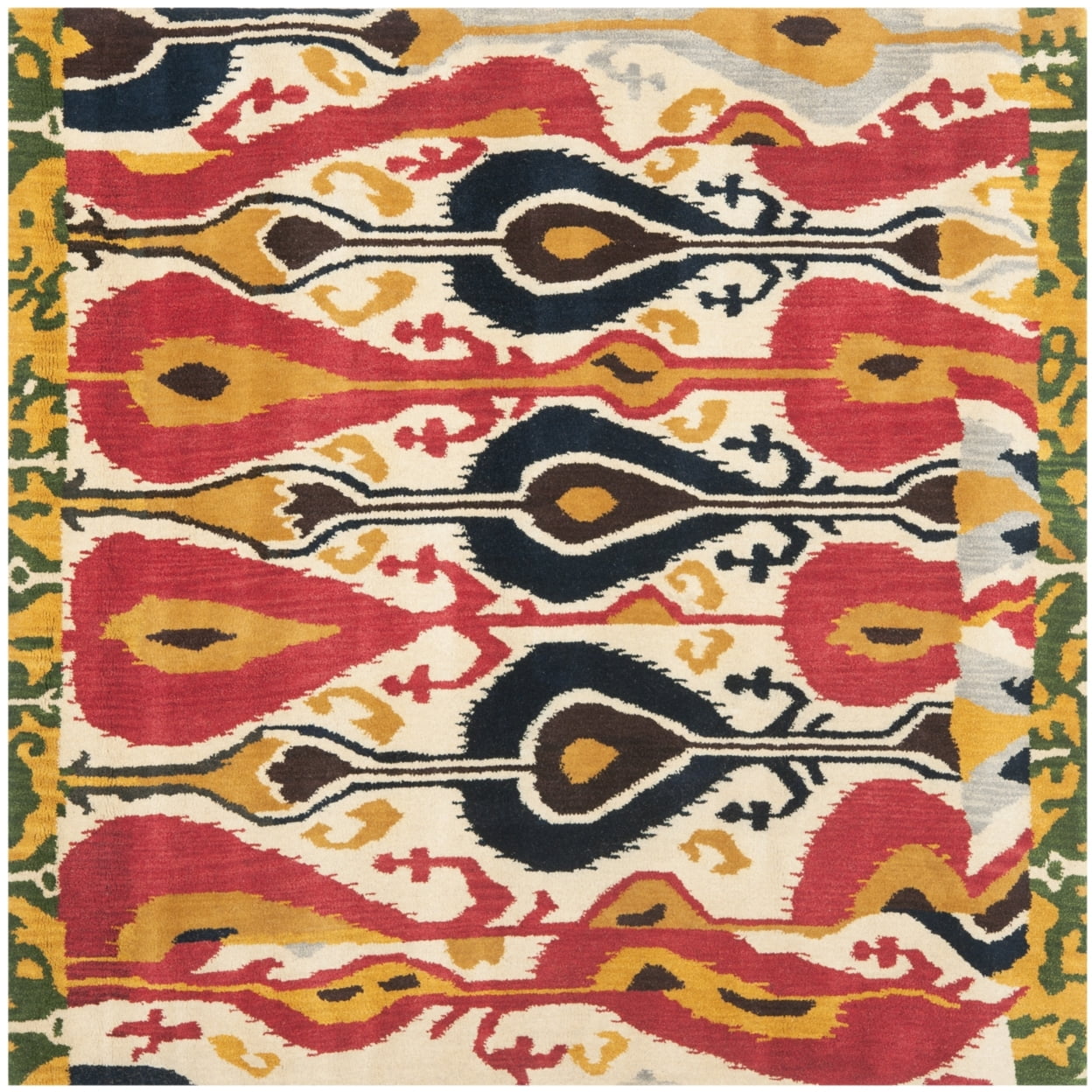 Hand-Tufted Cream and Green Wool Ikat Square Rug, 6' x 6'
