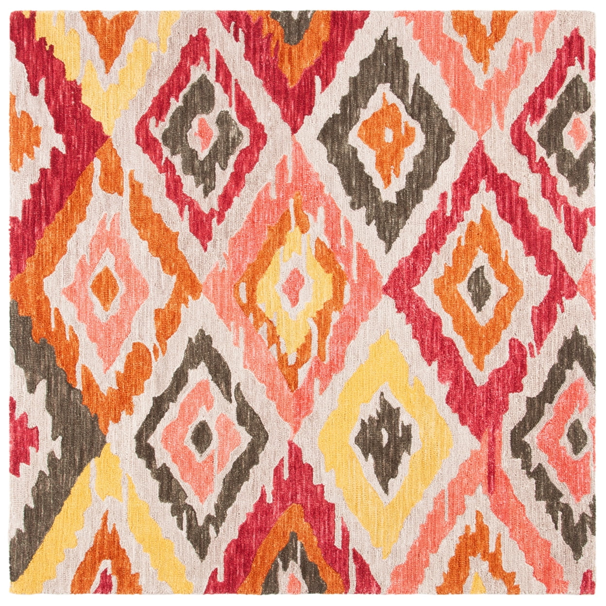 Ikat 6' x 6' Red and Beige Hand-Tufted Wool Rug