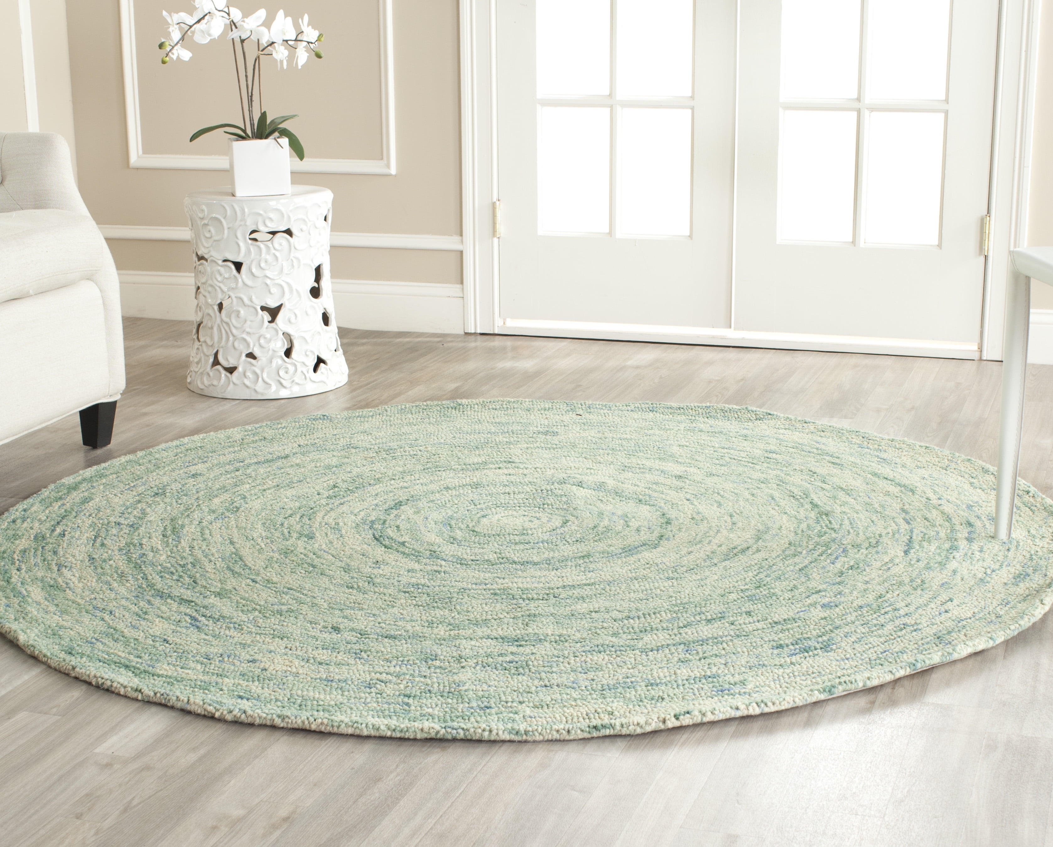 Handmade Ivory and Blue Round Wool Area Rug, 4' Diameter