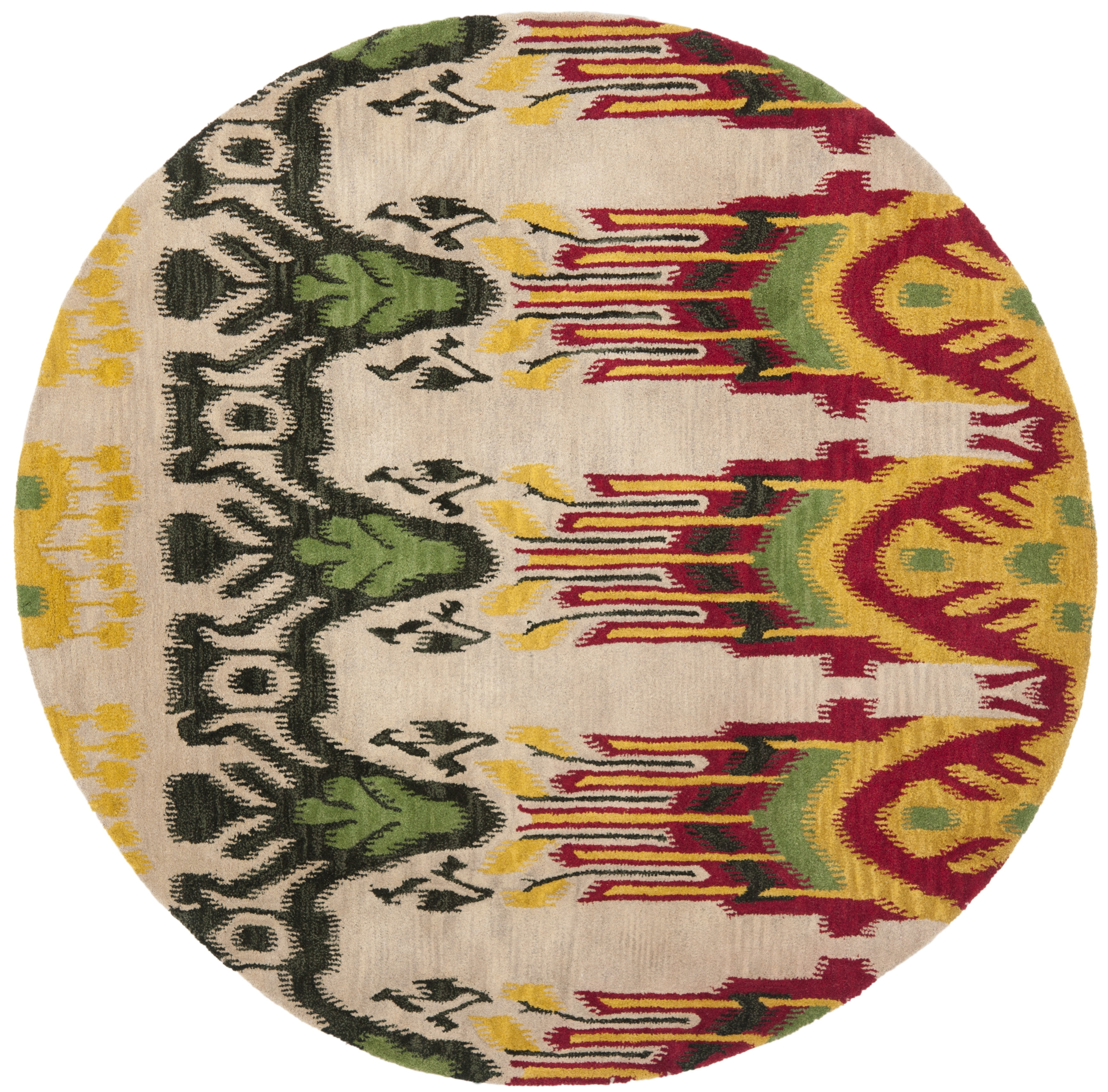 SAFAVIEH Ikat Crane Paisley Wool Area Rug, Beige/Yellow, 6' x 6' Round