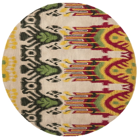 SAFAVIEH Ikat Crane Paisley Wool Area Rug, Beige/Yellow, 6' x 6' Round
