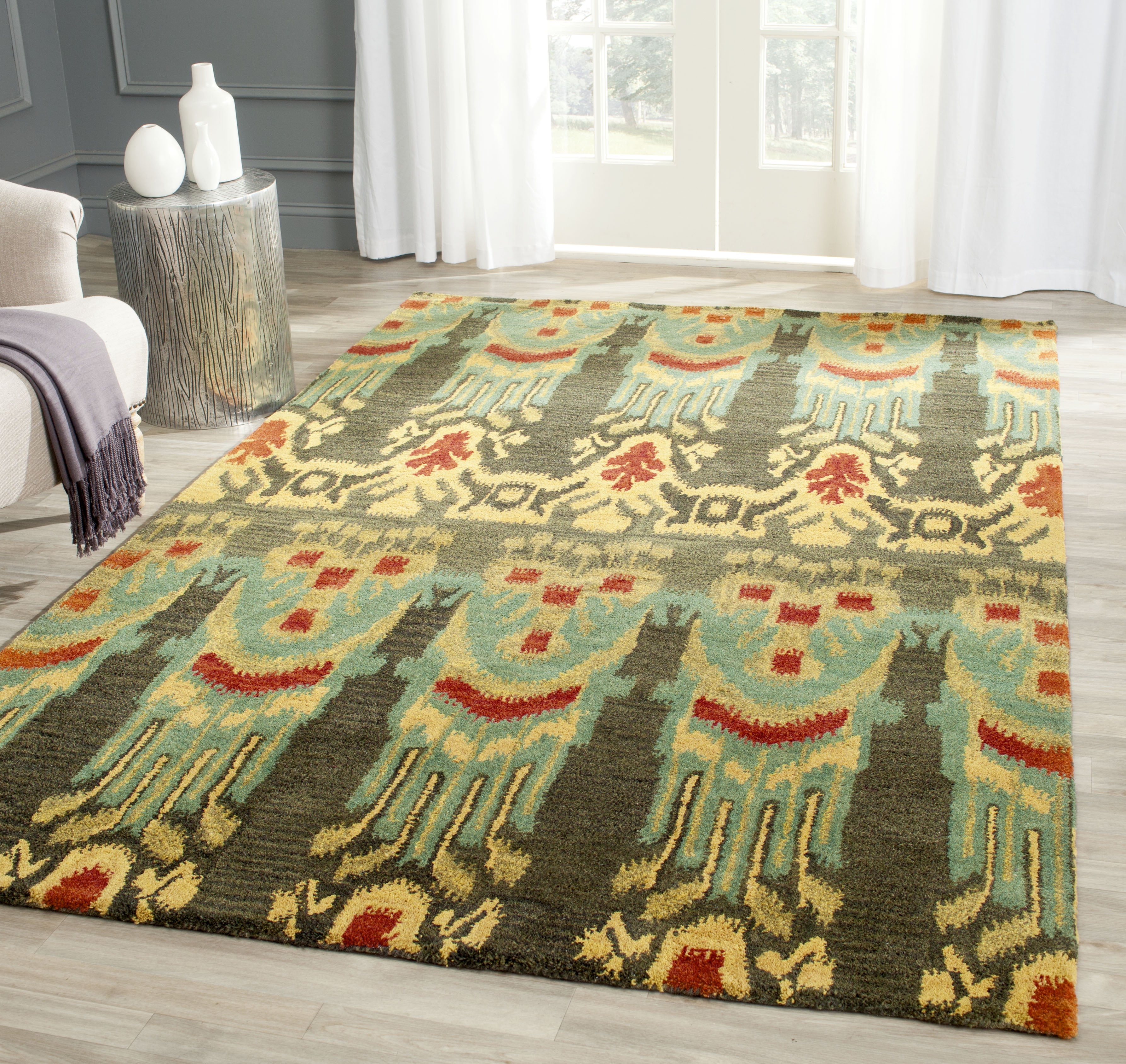 SAFAVIEH Ikat Crane Paisley Wool Area Rug, Olive/Gold, 8' x 10'