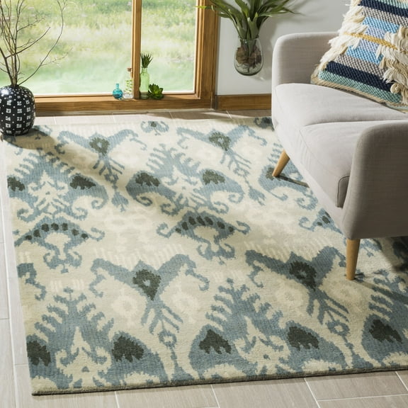 SAFAVIEH Ikat Emmeline Geometric Wool Area Rug, Beige/Slate, 9' x 12'