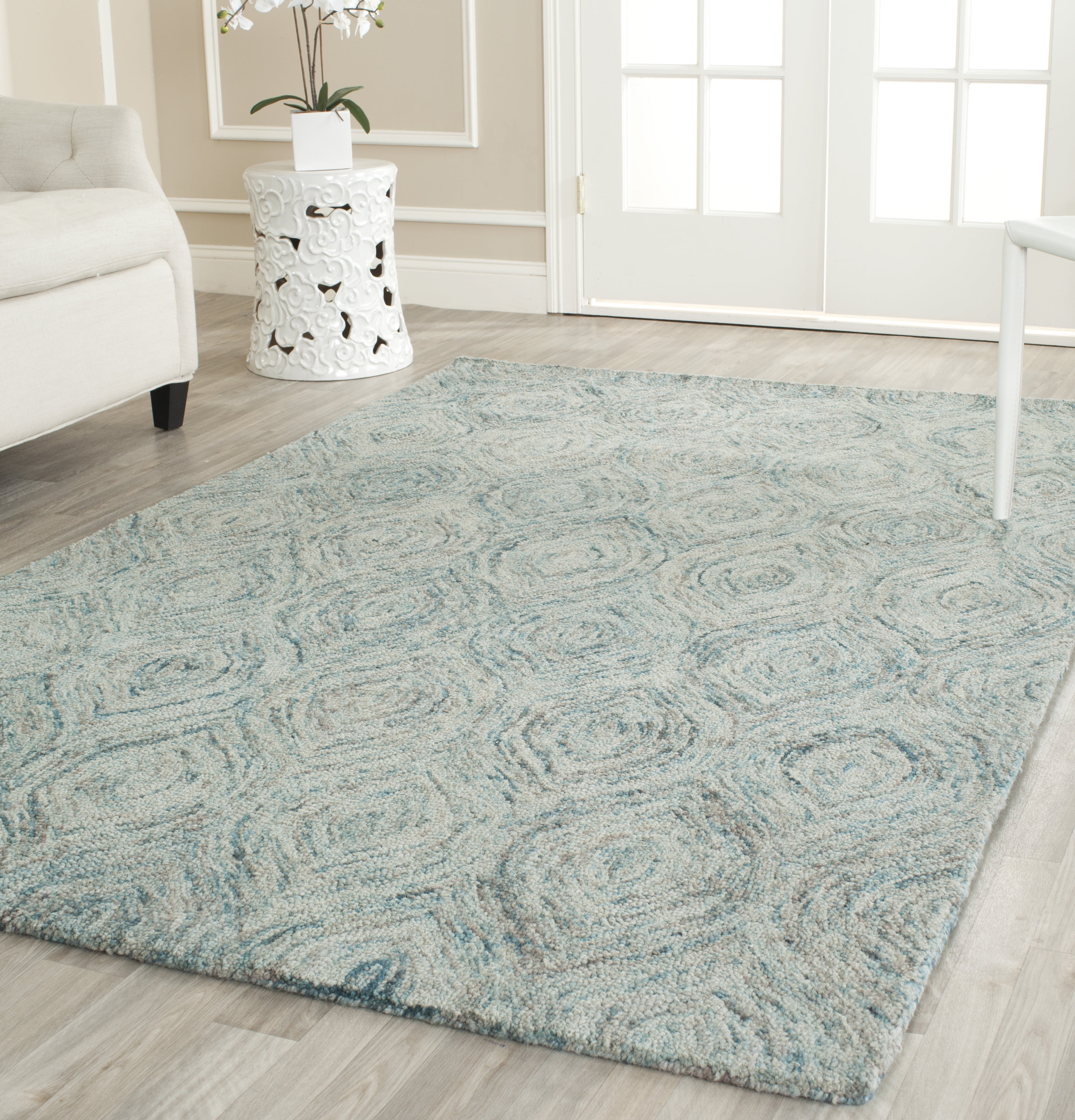 Ivory and Sea Blue Hand-Tufted Wool Square Rug