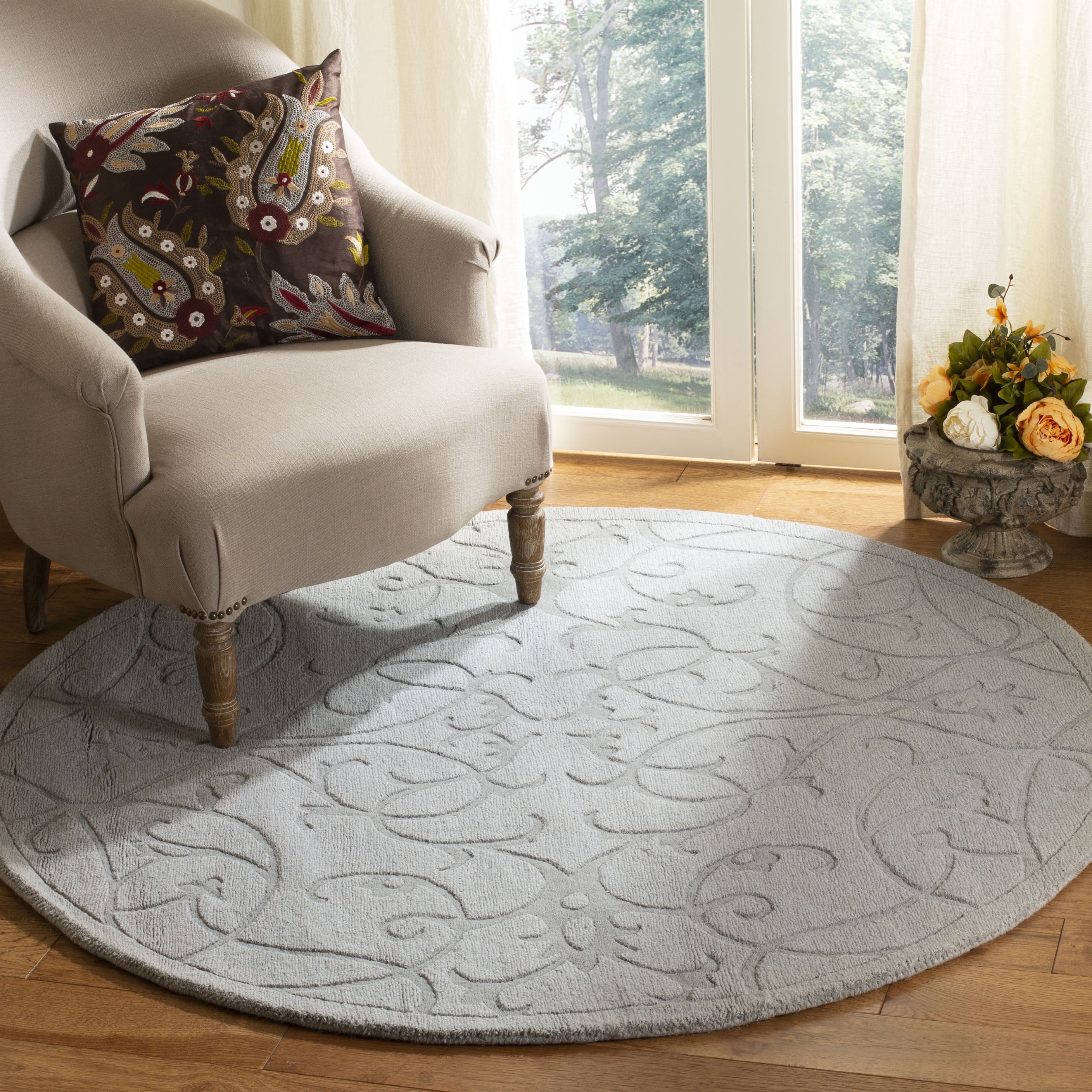 Gray Hand-Tufted Round Wool Area Rug, 5' x 5'