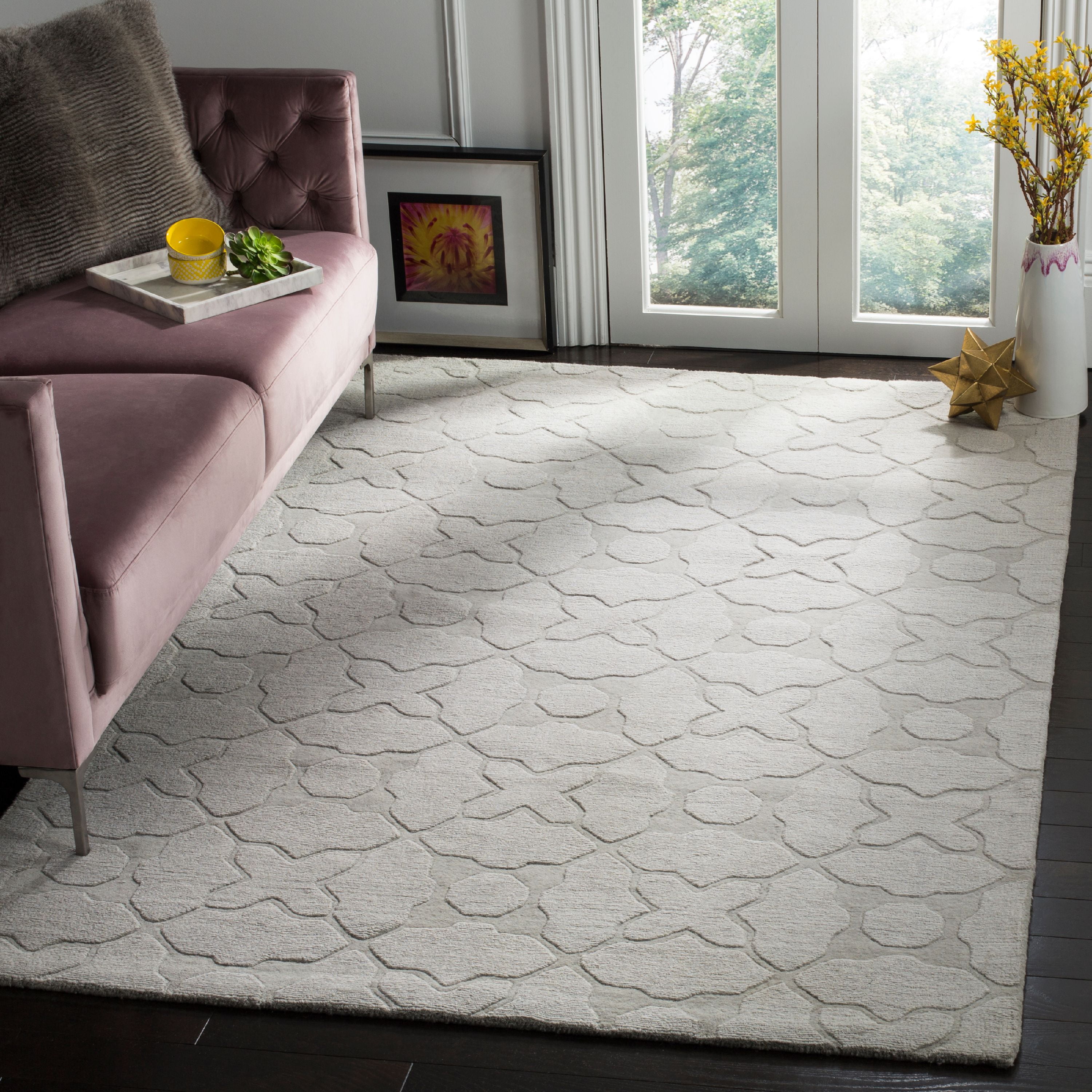 Silver Geometric Hand-Tufted Wool Area Rug, 5' x 8'