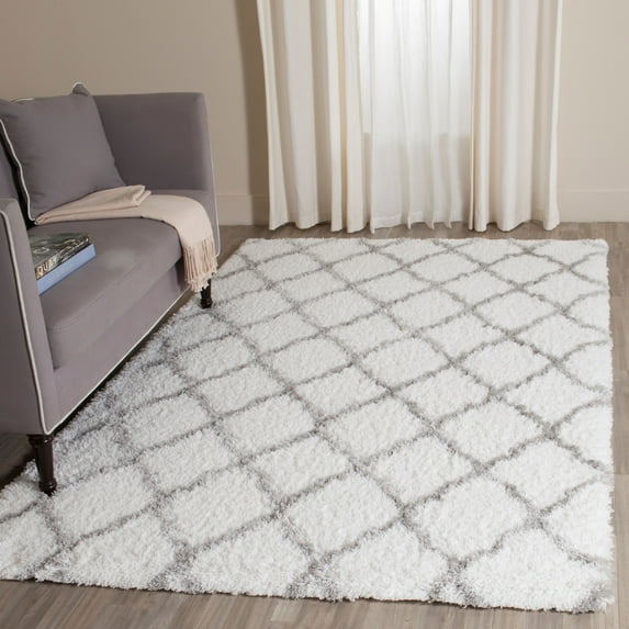 SAFAVIEH Indie Careen Geometric Polyester Shag Area Rug, Ivory/Grey, 9' x 12'