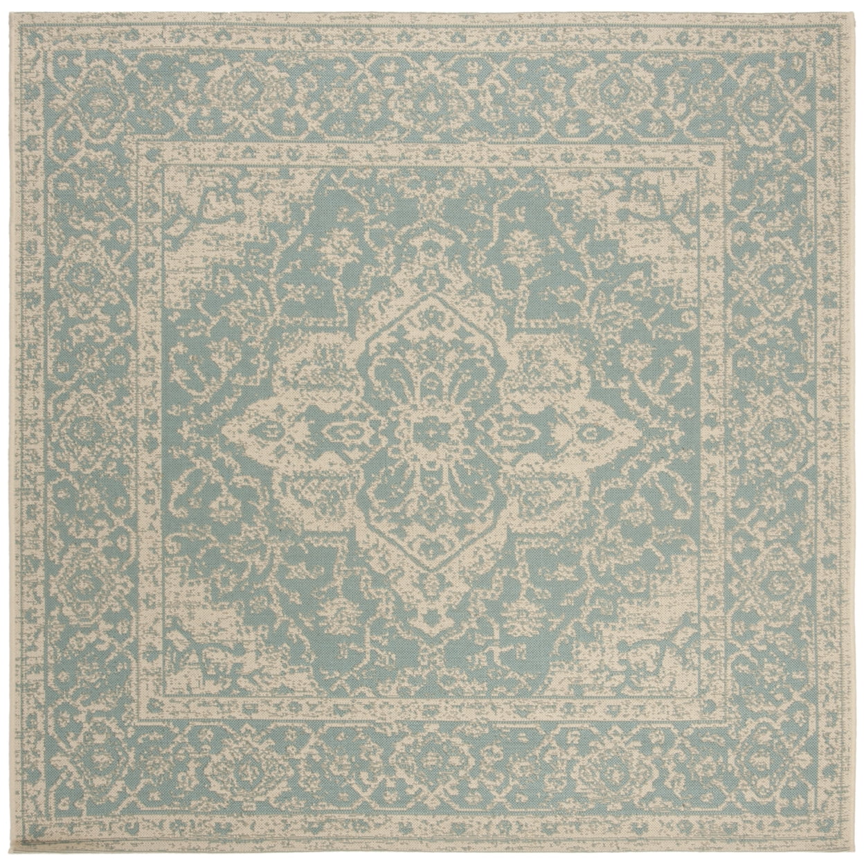 Aqua and Cream Square Synthetic Indoor/Outdoor Area Rug