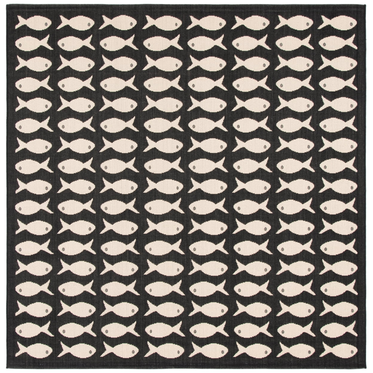 Tropical Coastal Square Rug 5'3" - Black & Beige, Synthetic, Non-Slip