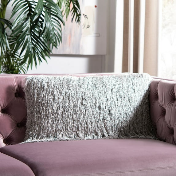 SAFAVIEH Indoor/Outdoor Modern Glam Shag Pillow, 14" x 24", Silver