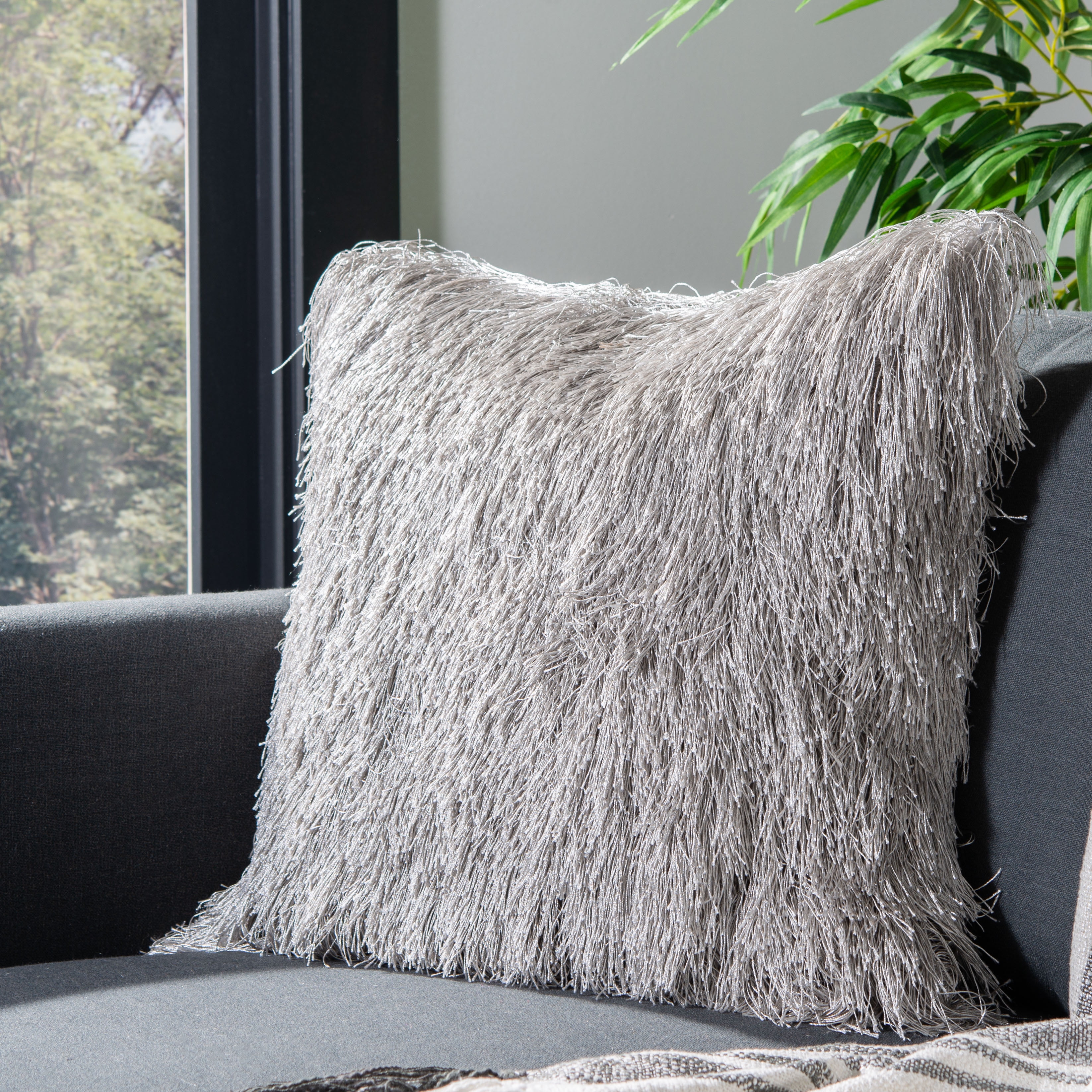 Silver Shag Polypropylene Square Throw Pillow Set