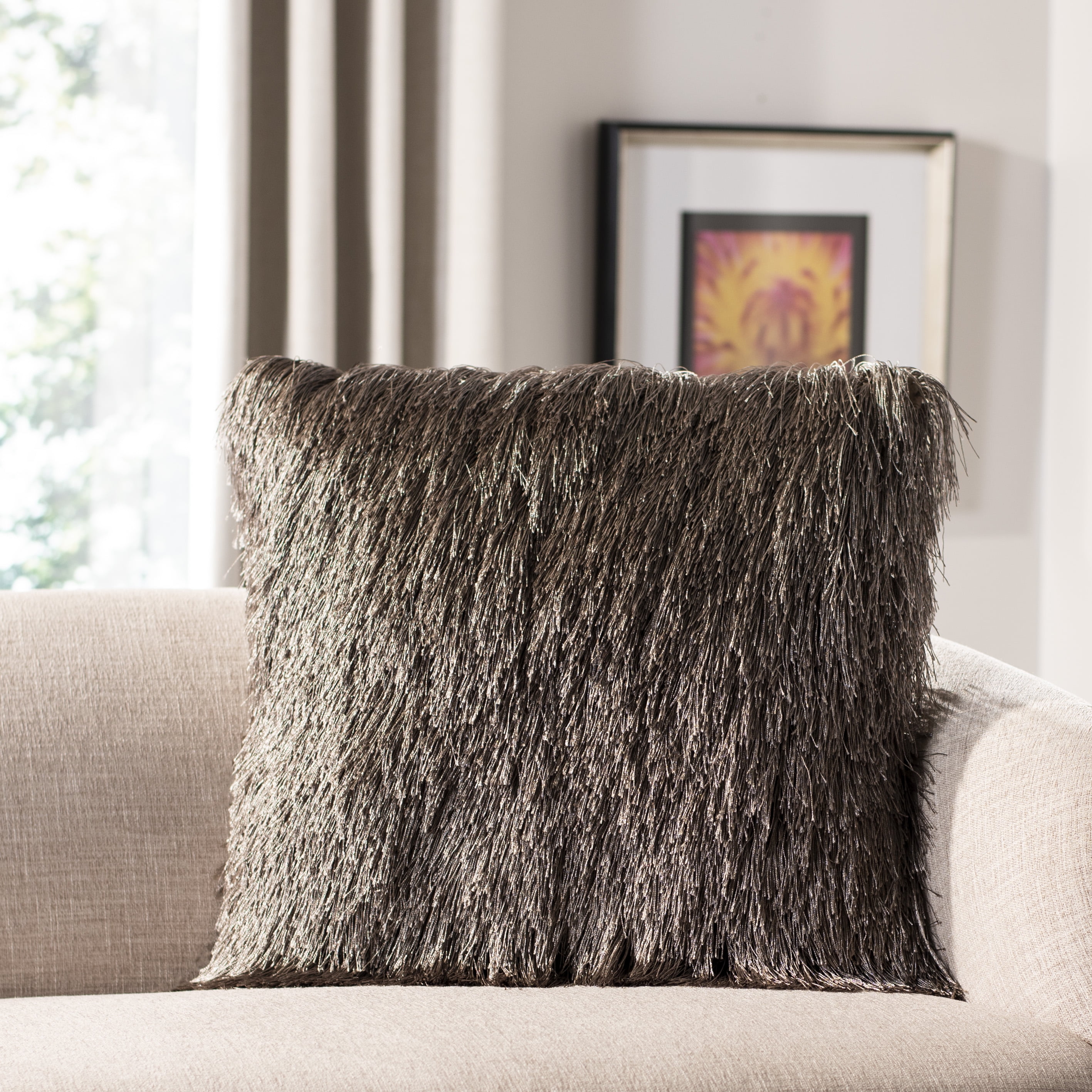 Taupe 20" Square Indoor/Outdoor Shag Pillow