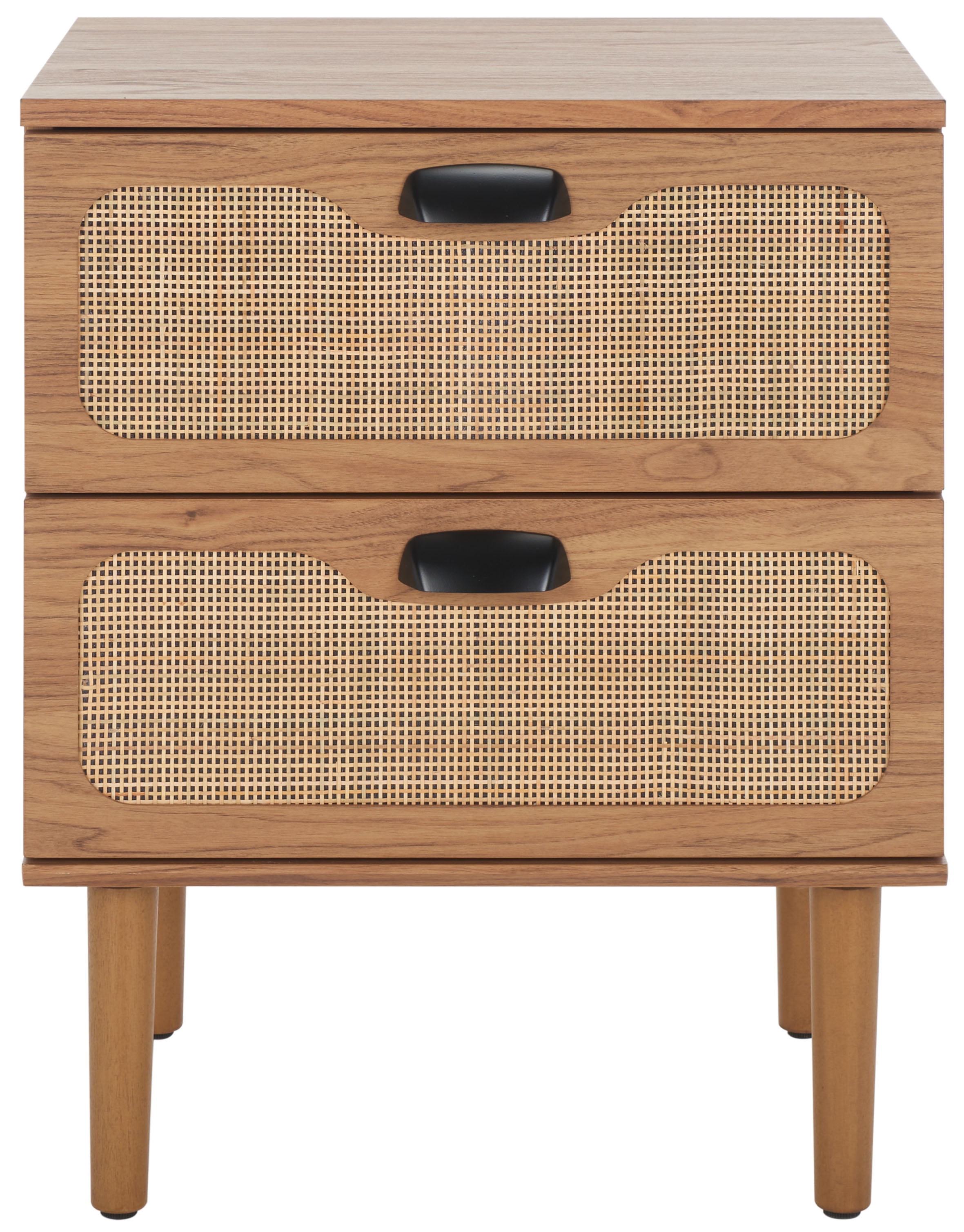 Oak and Natural Woven 2 Drawer Night Table with Graduated Legs