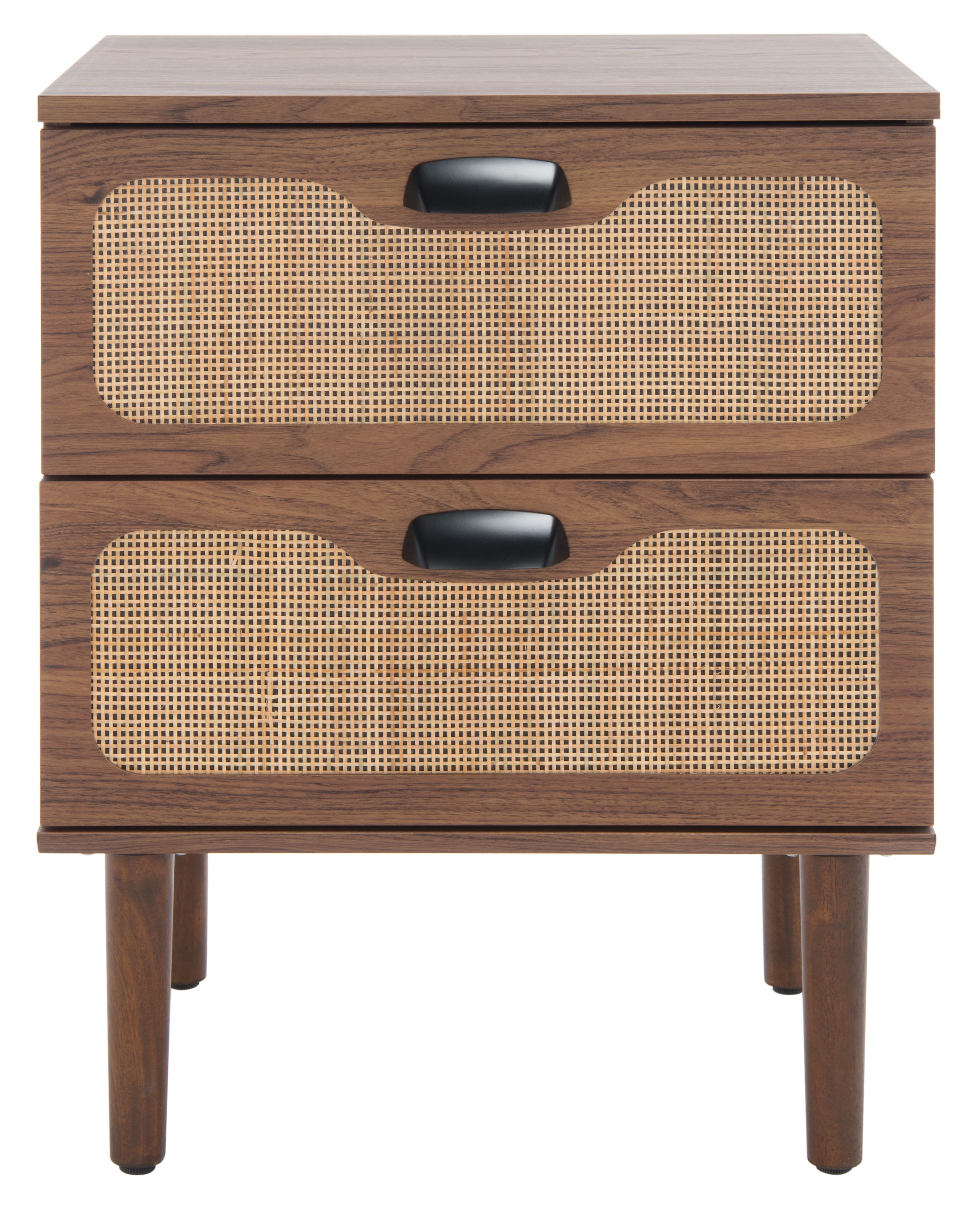 Walnut and Natural 2 Drawer Nightstand with Rattan Mesh
