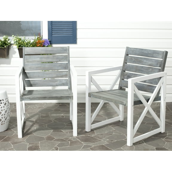 SAFAVIEH Irina Outdoor Patio Acacia Armchair, White/Ash Grey, Set of 2