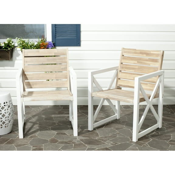 SAFAVIEH Irina Outdoor Patio Acacia Armchair, White/Oak, Set of 2