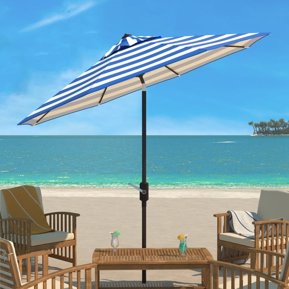 SAFAVIEH Iris 9' Market Auto Tilt Patio Umbrella, Pacific Blue Stripe