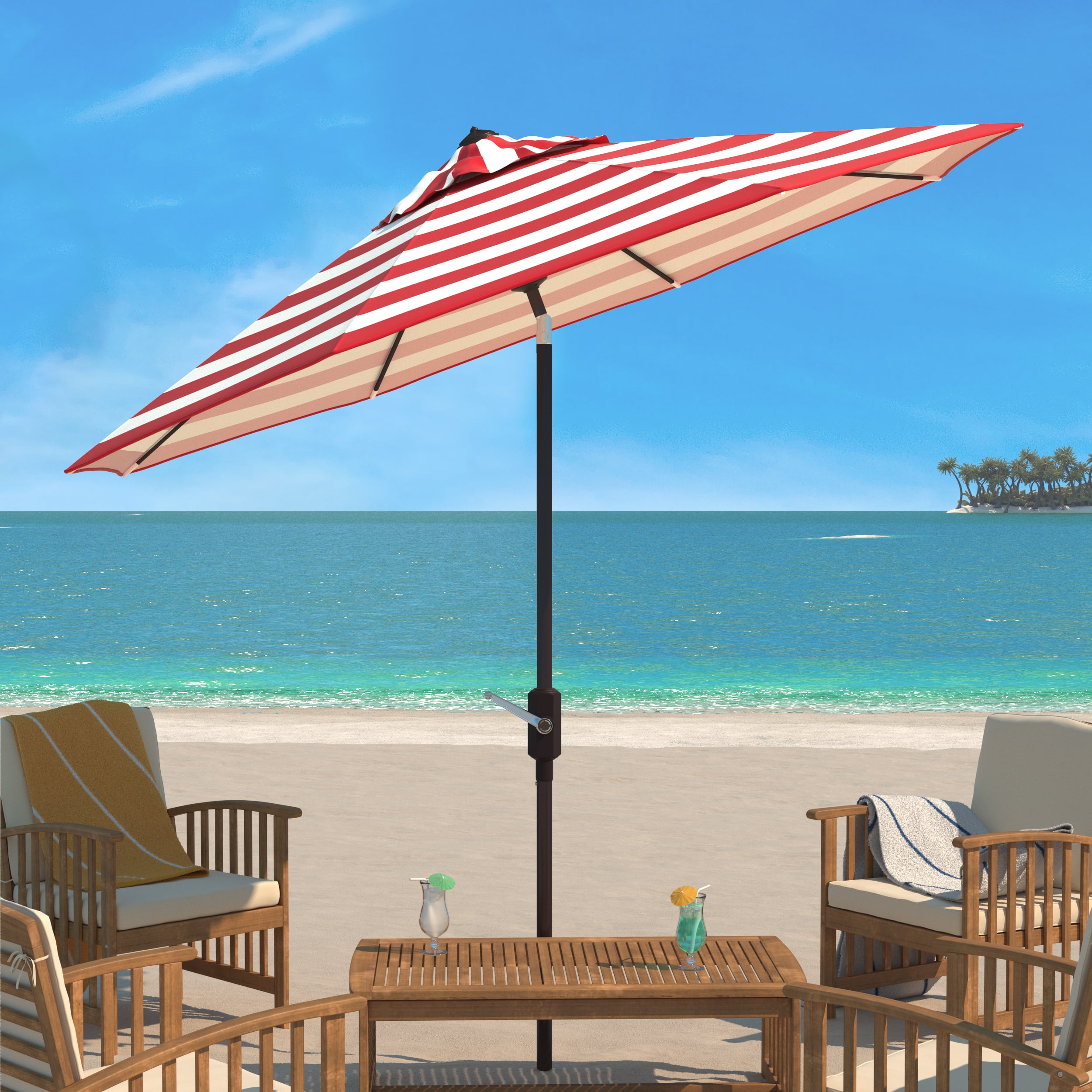 SAFAVIEH Iris 9' Market Auto Tilt Patio Umbrella, Red Stripe