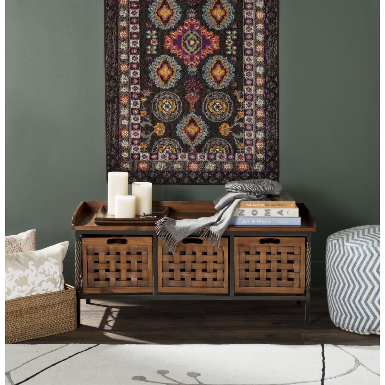 Filbert Brown Transitional Wooden Storage Bench with Iron Frame