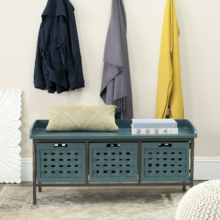 SAFAVIEH Isaac Rustic 3 Drawer Wooden Storage Bench, Slate Teal