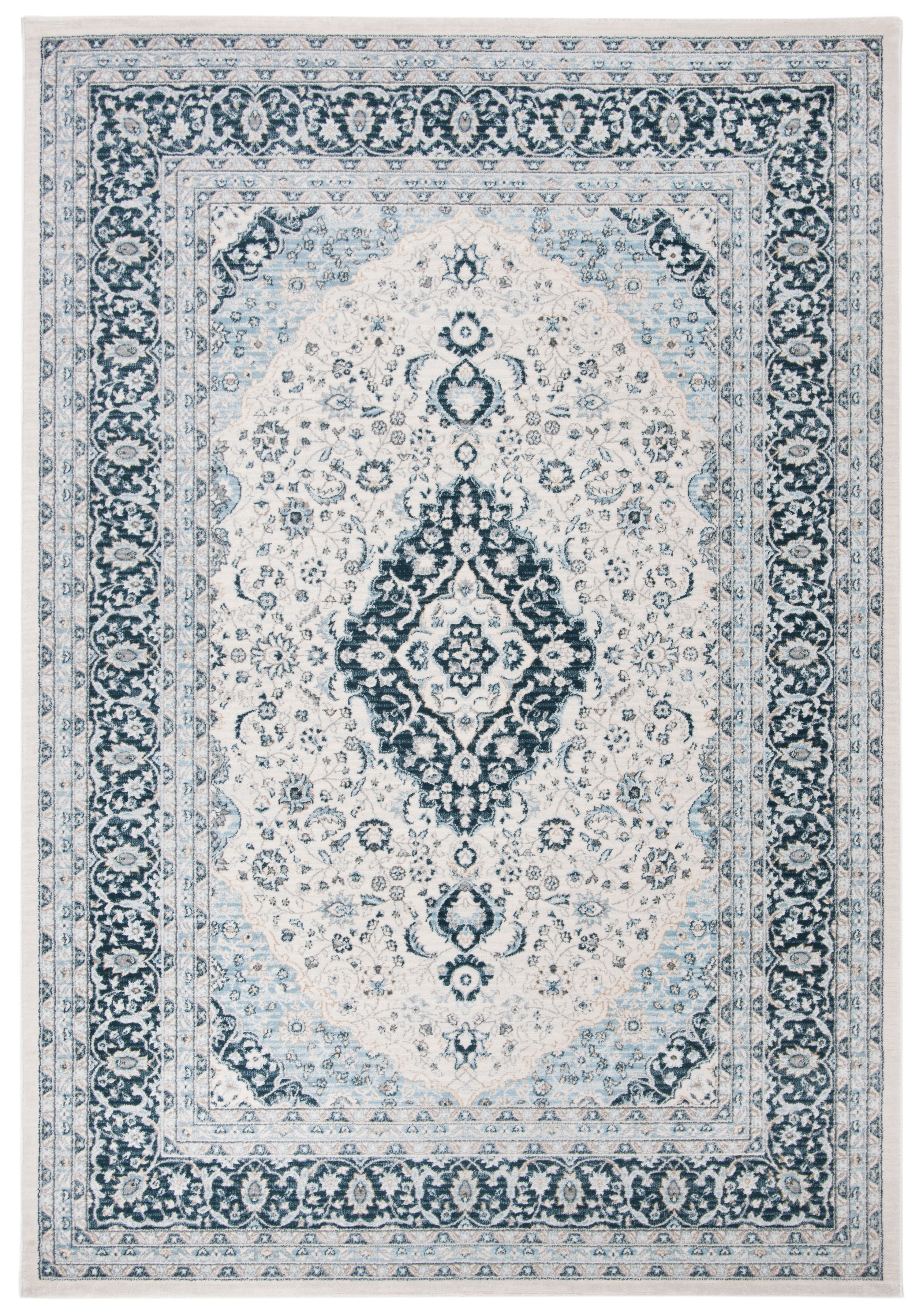 Isabella Cream and Dark Blue Synthetic Oriental 10' x 14' Area Rug
