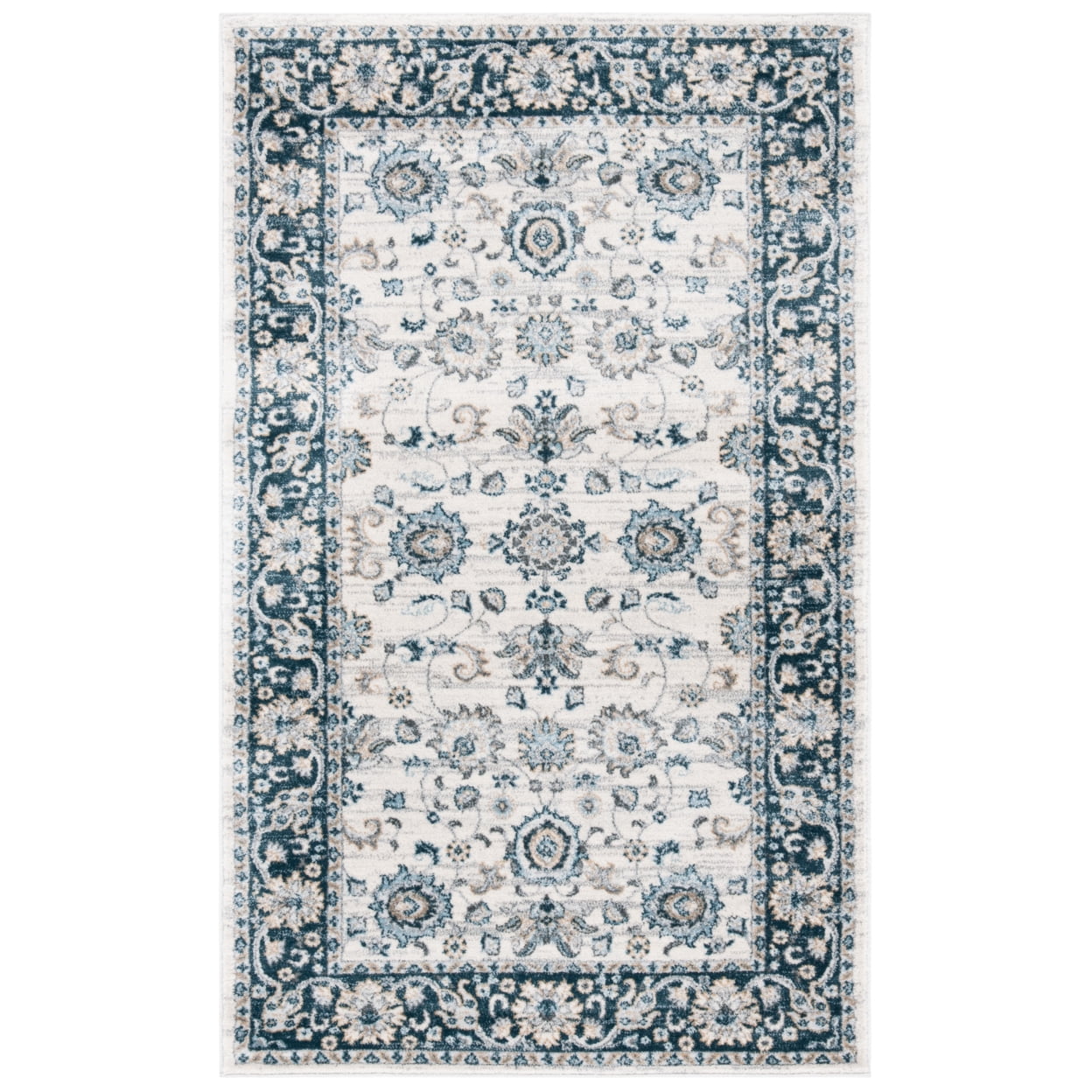 Isabella Cream and Navy Floral Border 3' x 5' Area Rug