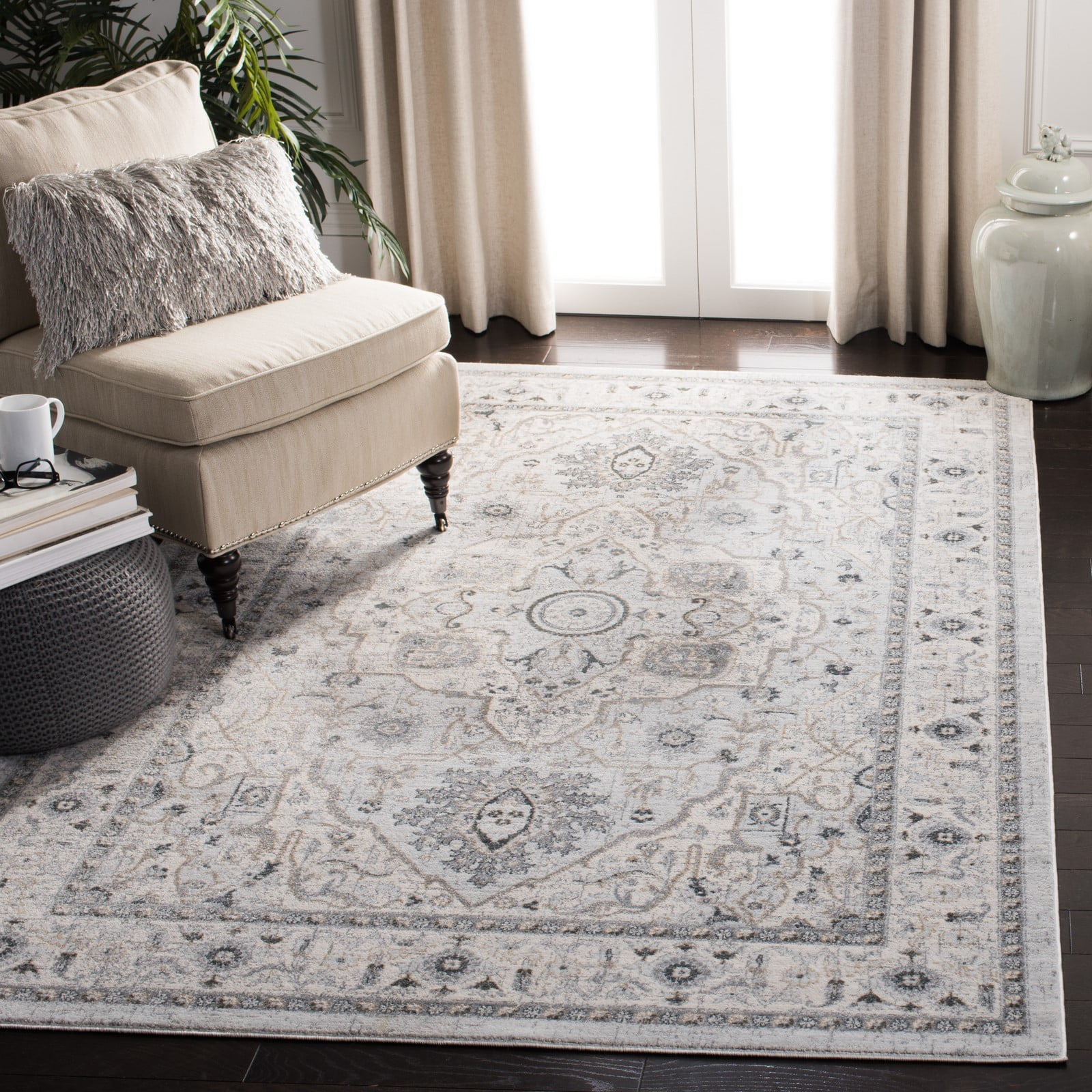 Light Grey and Grey Synthetic Hand-Knotted Rectangular Rug, 4' x 6'