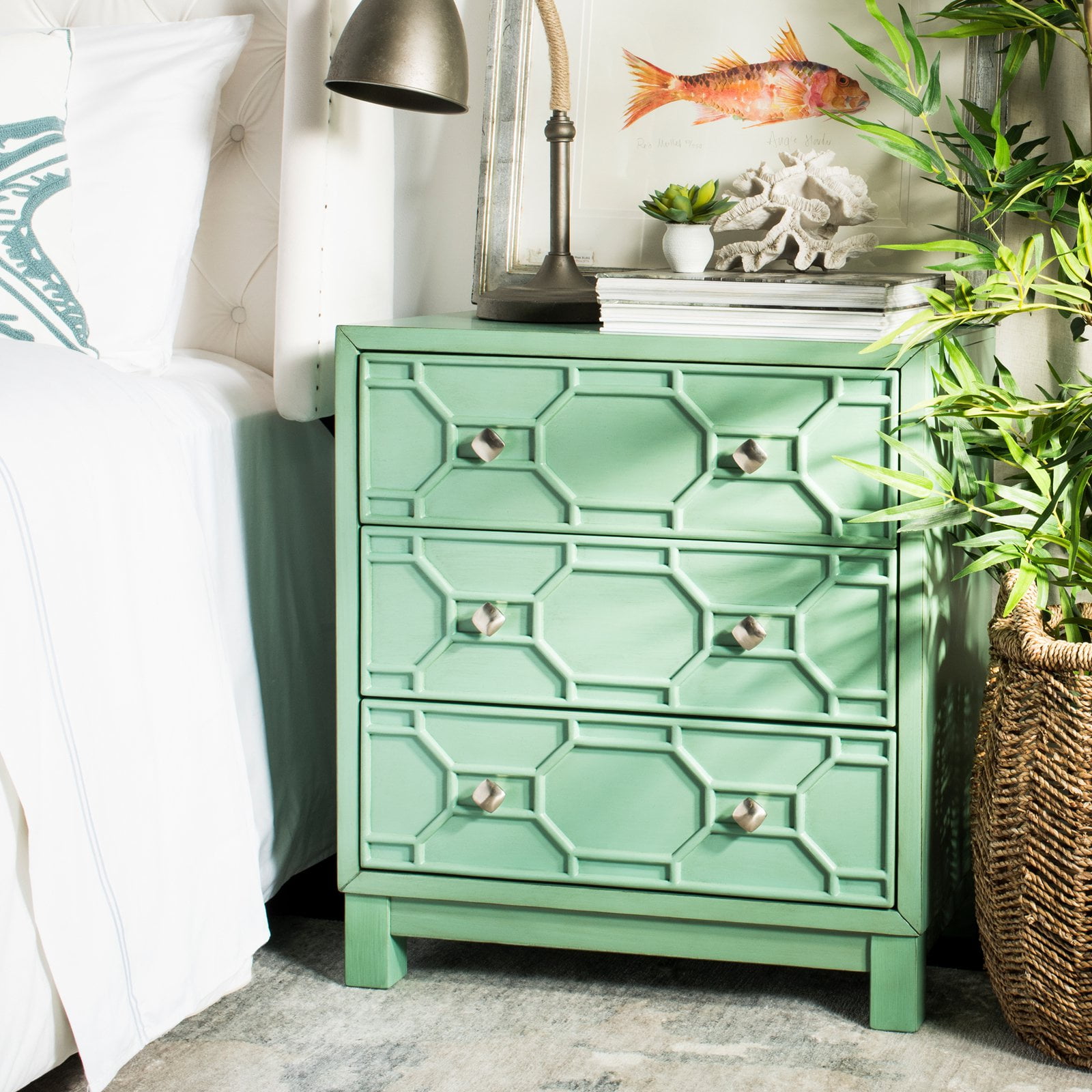 Transitional Turquoise Solid Rubberwood 3-Drawer Chest