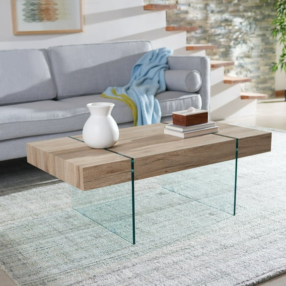 SAFAVIEH Jacob Rectangular Modern Coffee Table, Natural/Glass