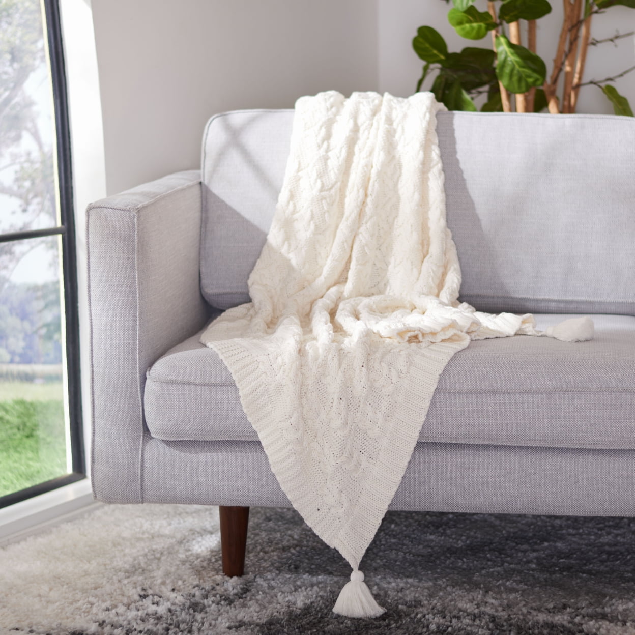 Ivory Knitted Cotton Throw Blanket with Tassels