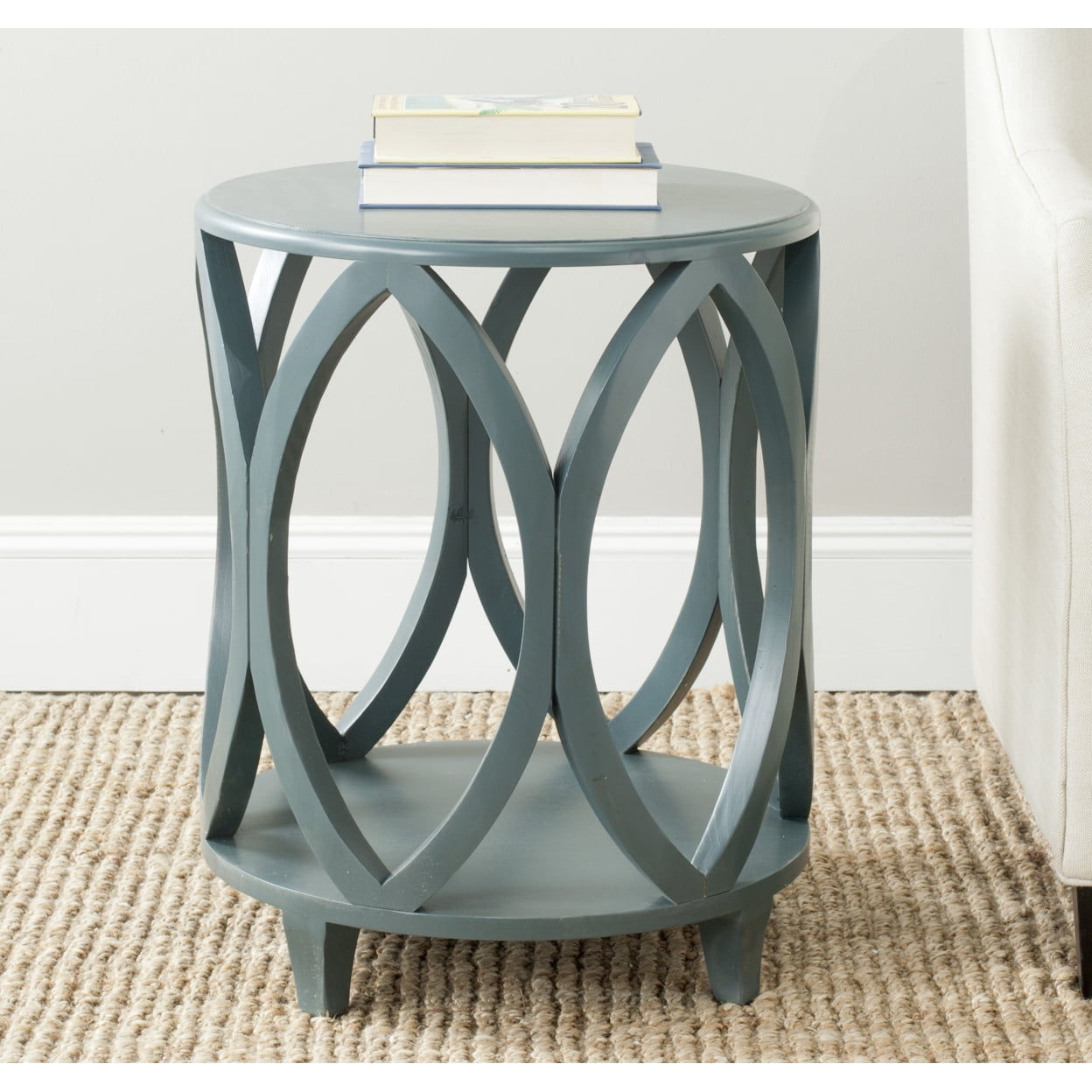 Dark Teal Geometric Wood and Metal Round Accent Table