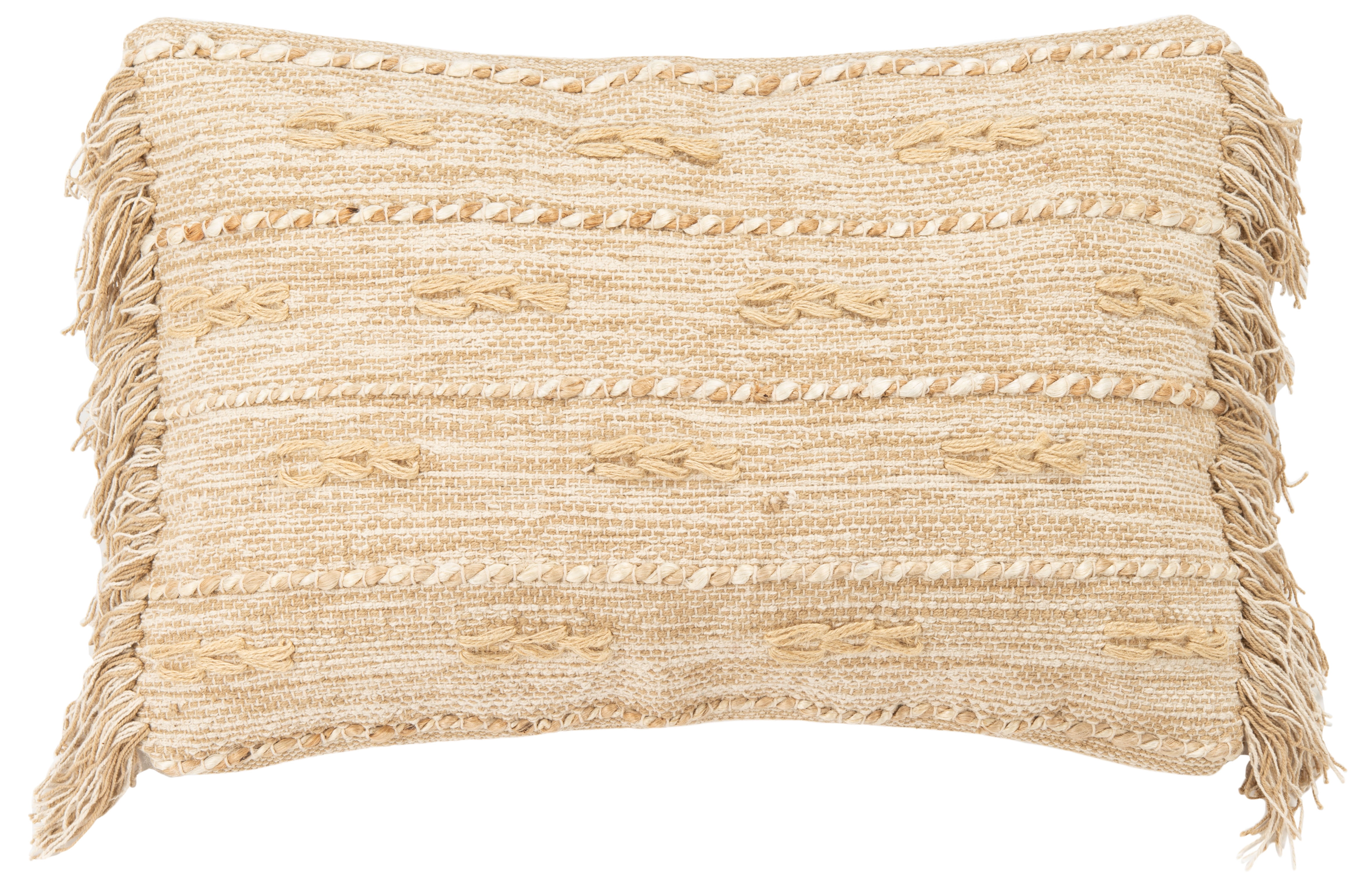 Janine Rectangular Green and Beige Knitted Fringe Pillow
