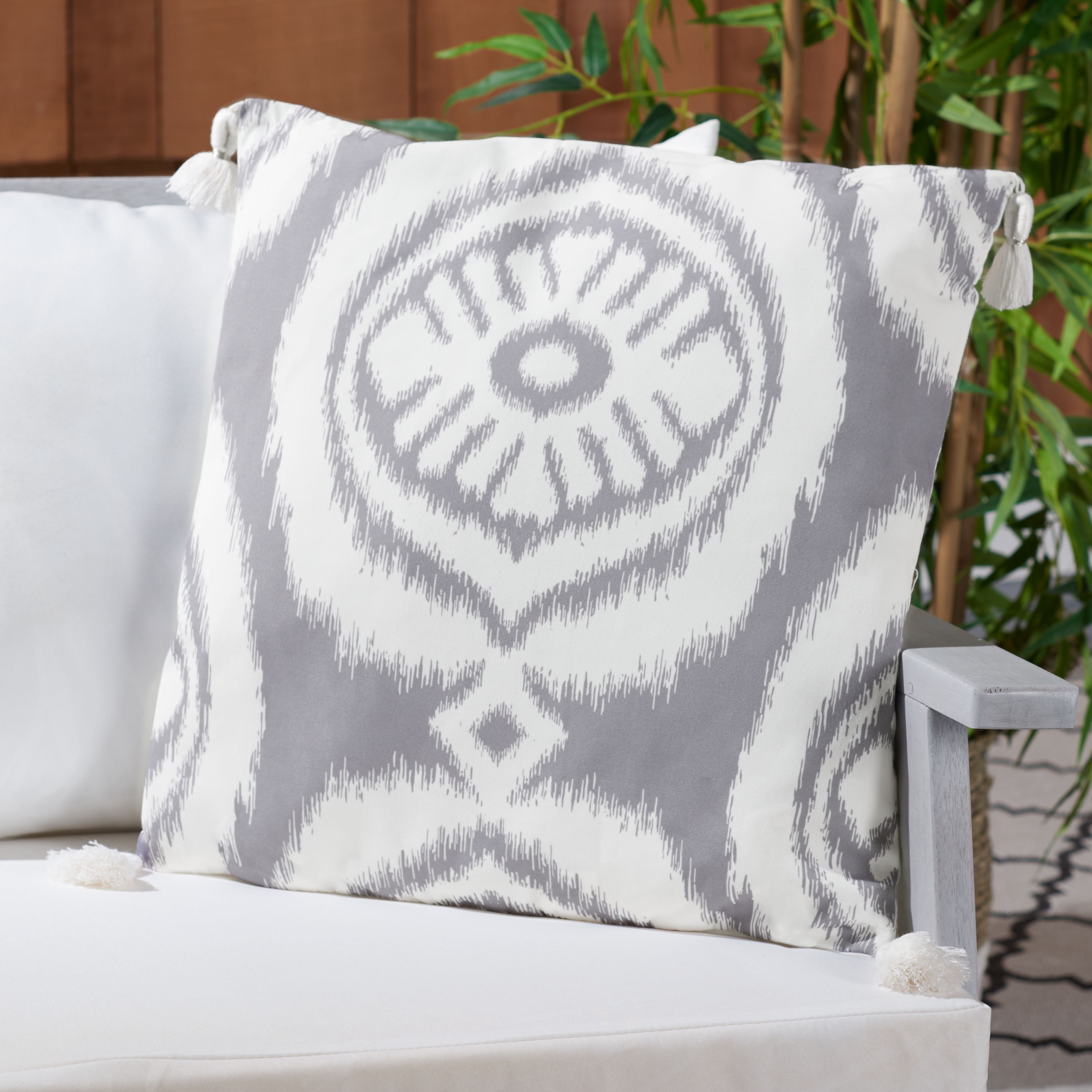 Gray and White Ikat Square Outdoor Pillow with Tassels