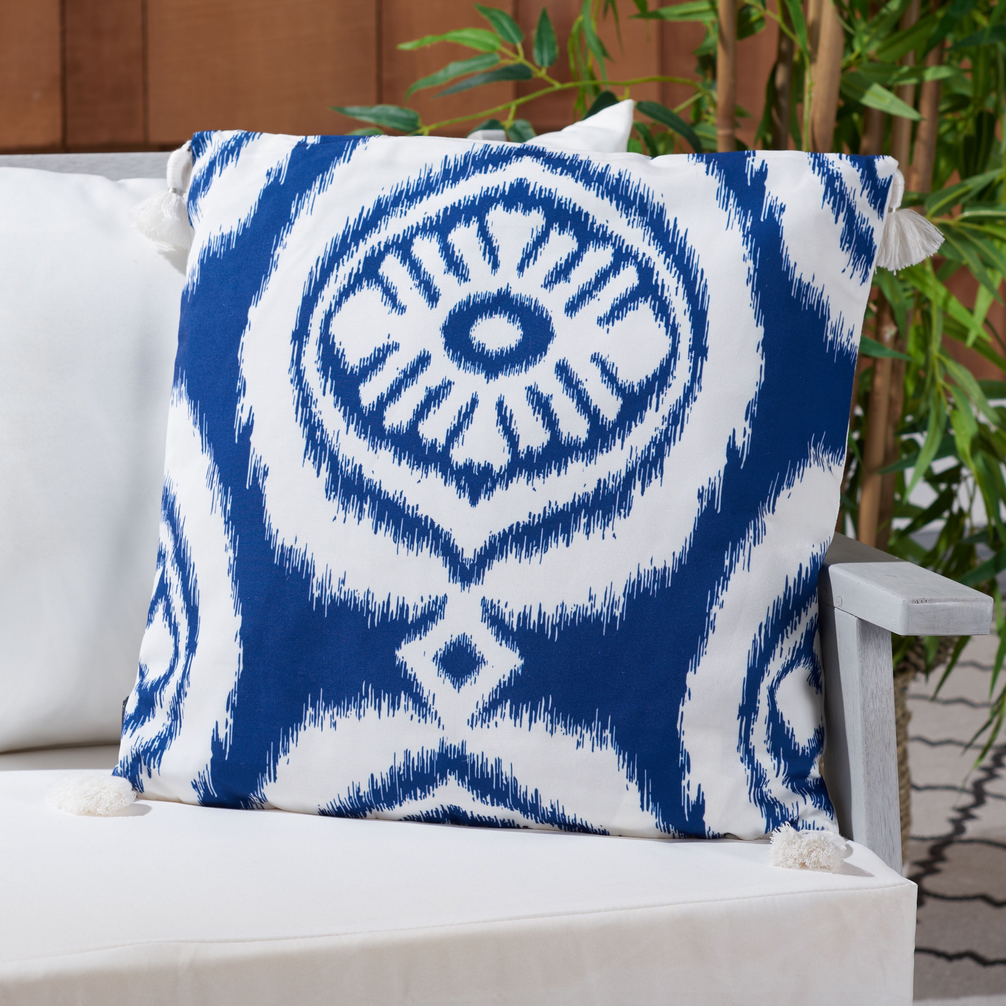 Jaquet Navy Ikat Square Outdoor Pillow with Tassels