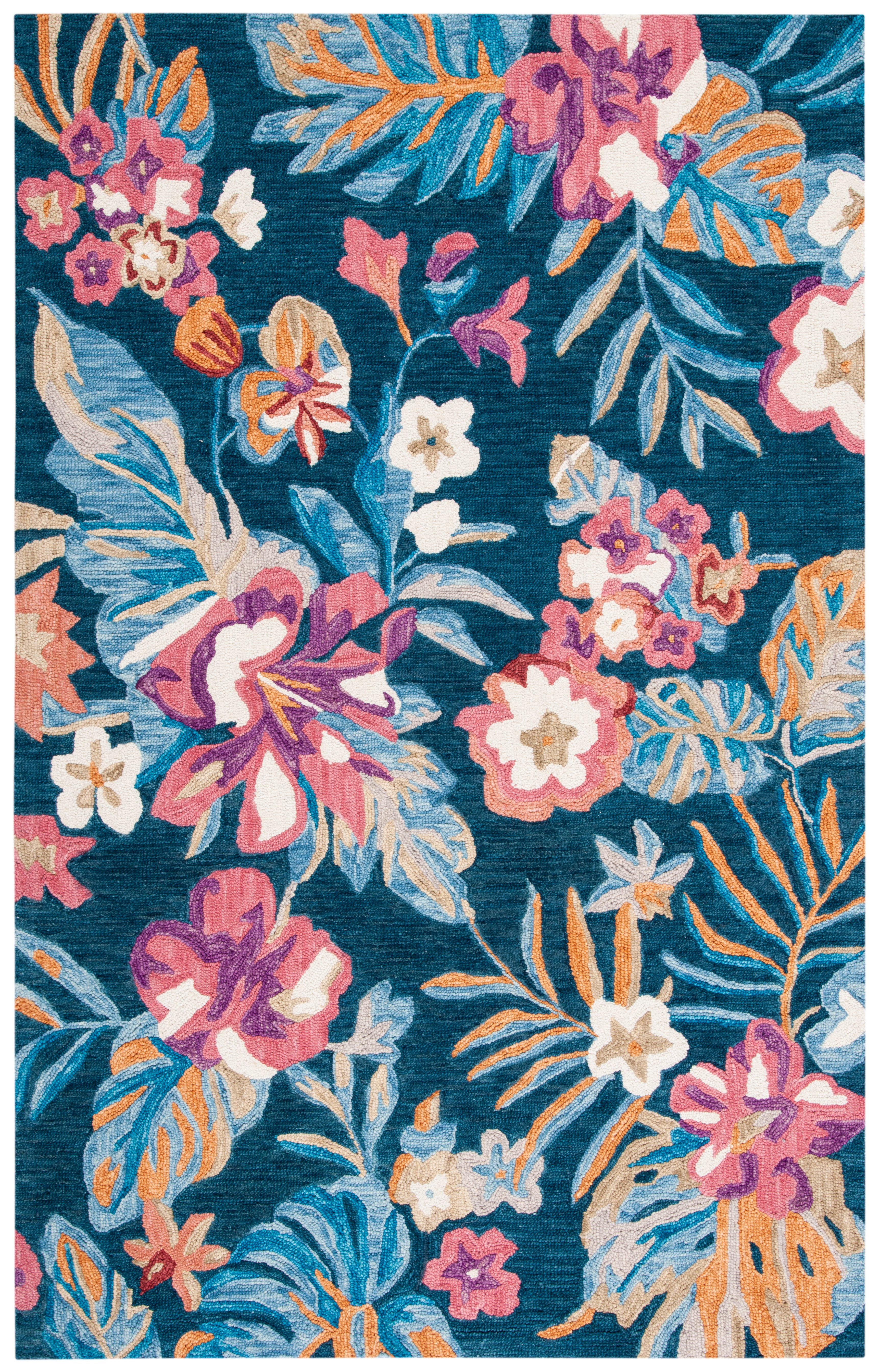 Handmade Blue Floral Wool Area Rug, 4' x 6'