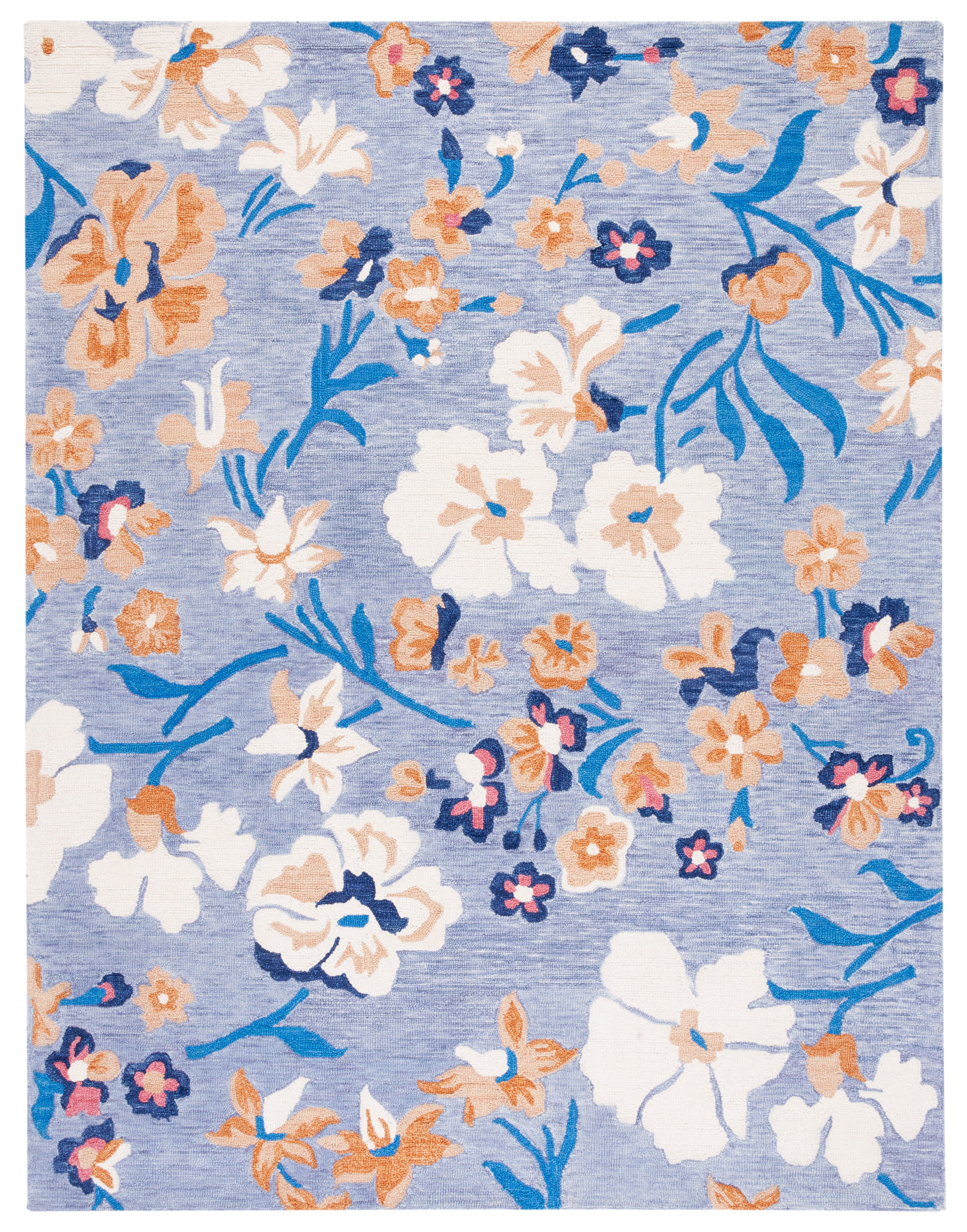 Ivory and Blue Floral Hand-Tufted Wool Area Rug, 8' x 10'